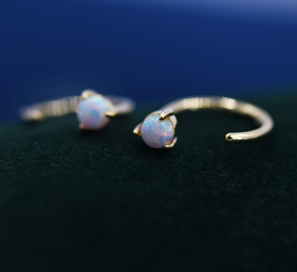 Minimalist Opal Huggie Hoop Threader Earrings in Sterling Silver, 3mm Three Prong, Gold or Silver, Pull Through Open Hoops, Fire Opal