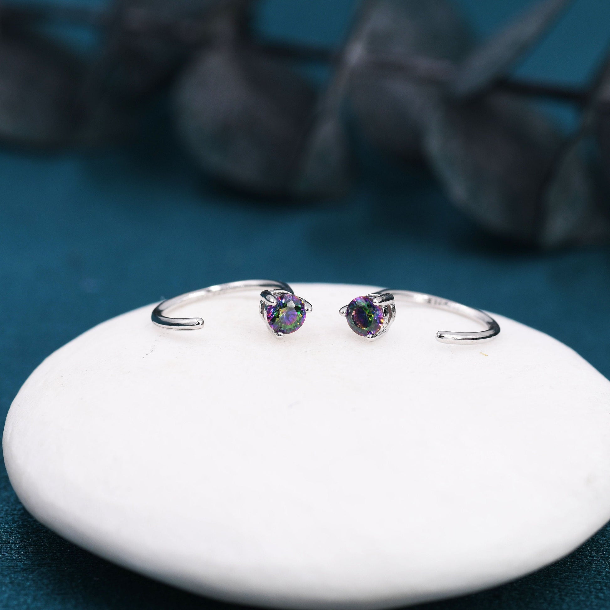 Mystic Topaz Crystal Huggie Hoop Threader Earrings in Sterling Silver, 3mm Three Prong, Gold or Silver, Pull Through Open Hoops
