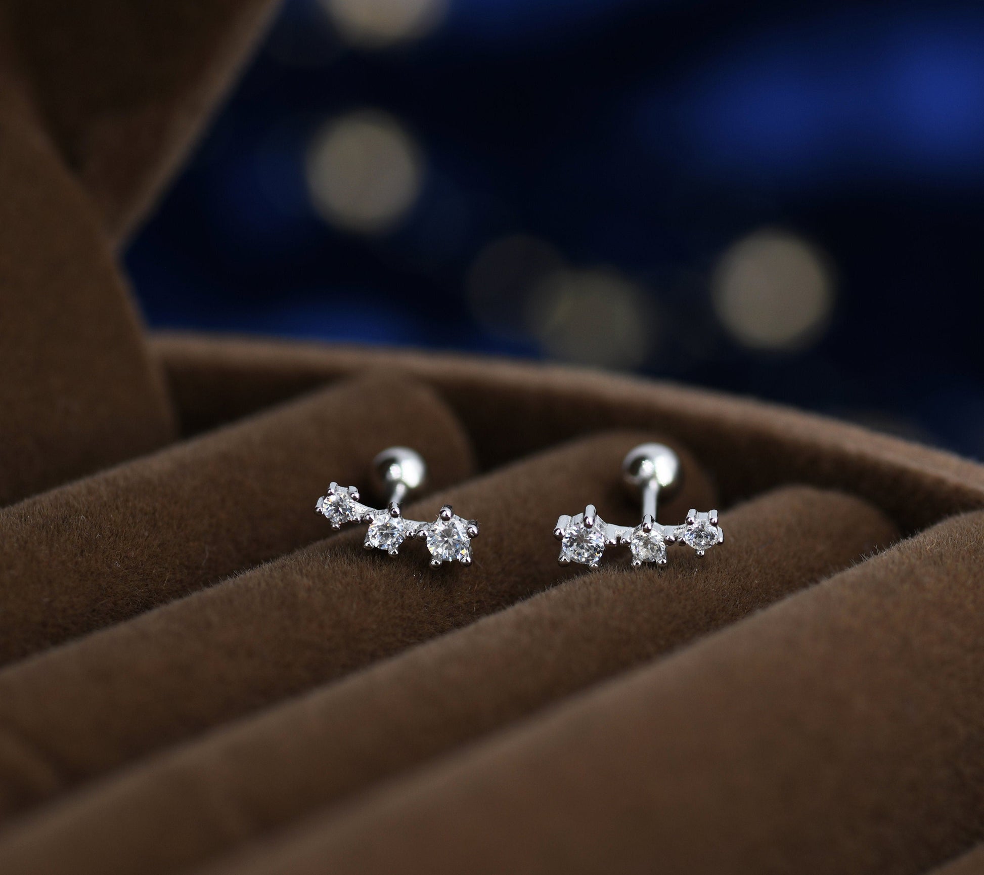 Tiny CZ Trio Internally Threaded Flat Back /Screw Back Earrings in Sterling Silver, Silver or Gold, Geometric Tiny Three Star Earrings