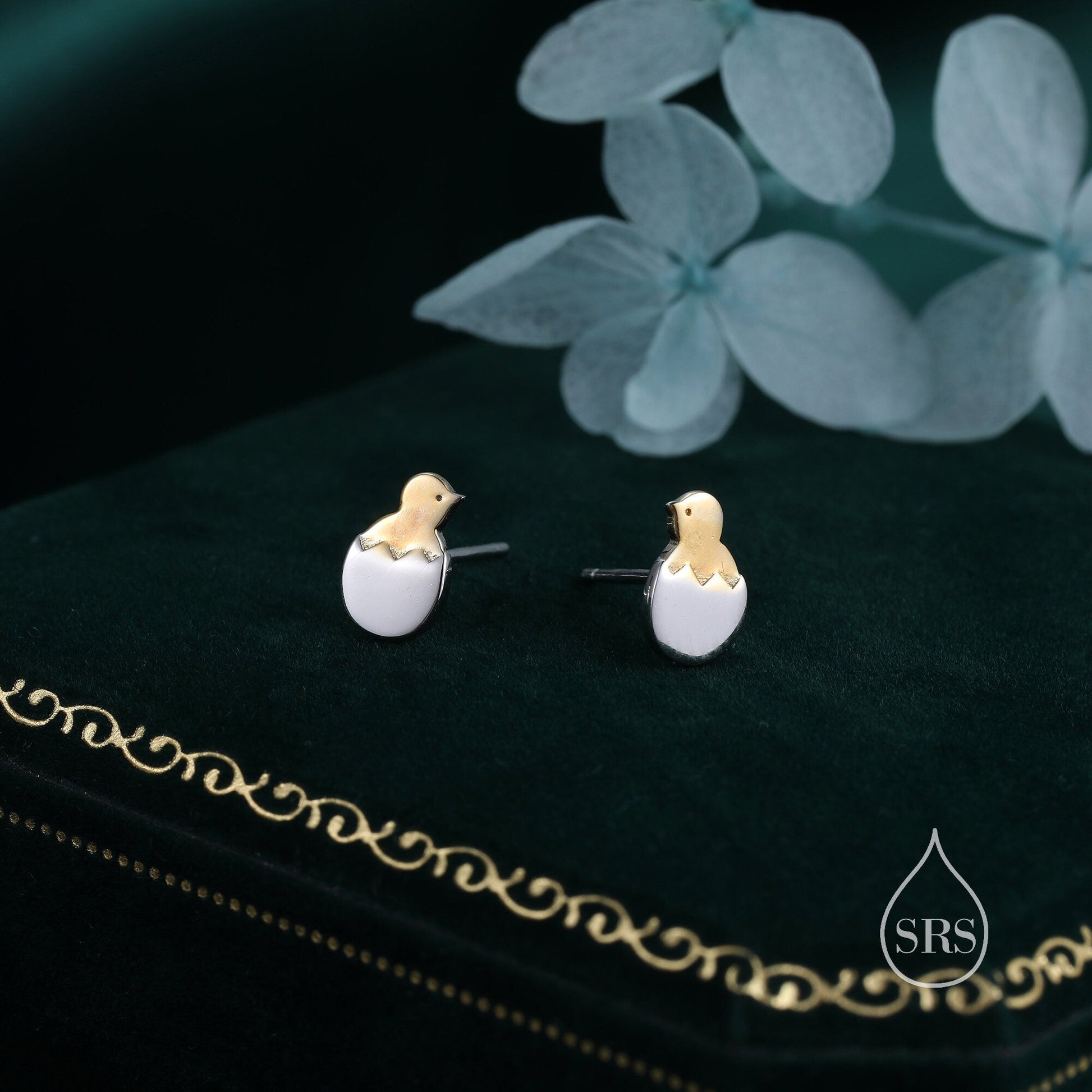 Chick and Egg Stud Earrings in Sterling Silver, Chicken Bird Earrings, Silver Chicken Stud, Silver and Gold, Bird Earrings