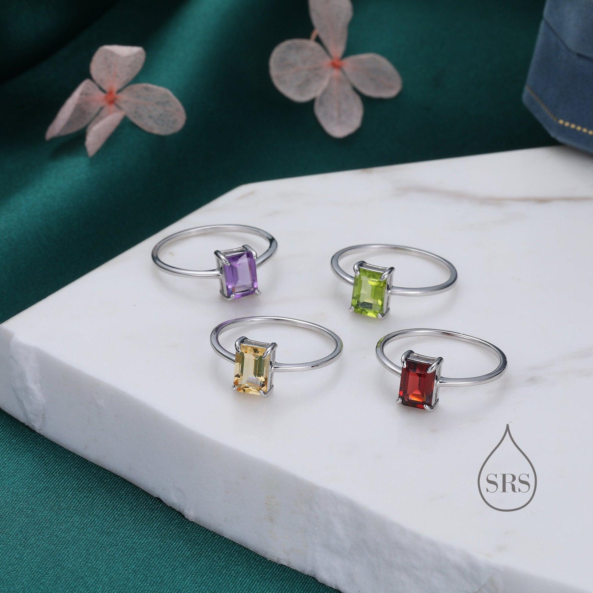 Genuine Emerald Cut Amethyst Ring in Sterling Silver, Natural Amethyst Stone Ring, Stacking Rings, US 5-8