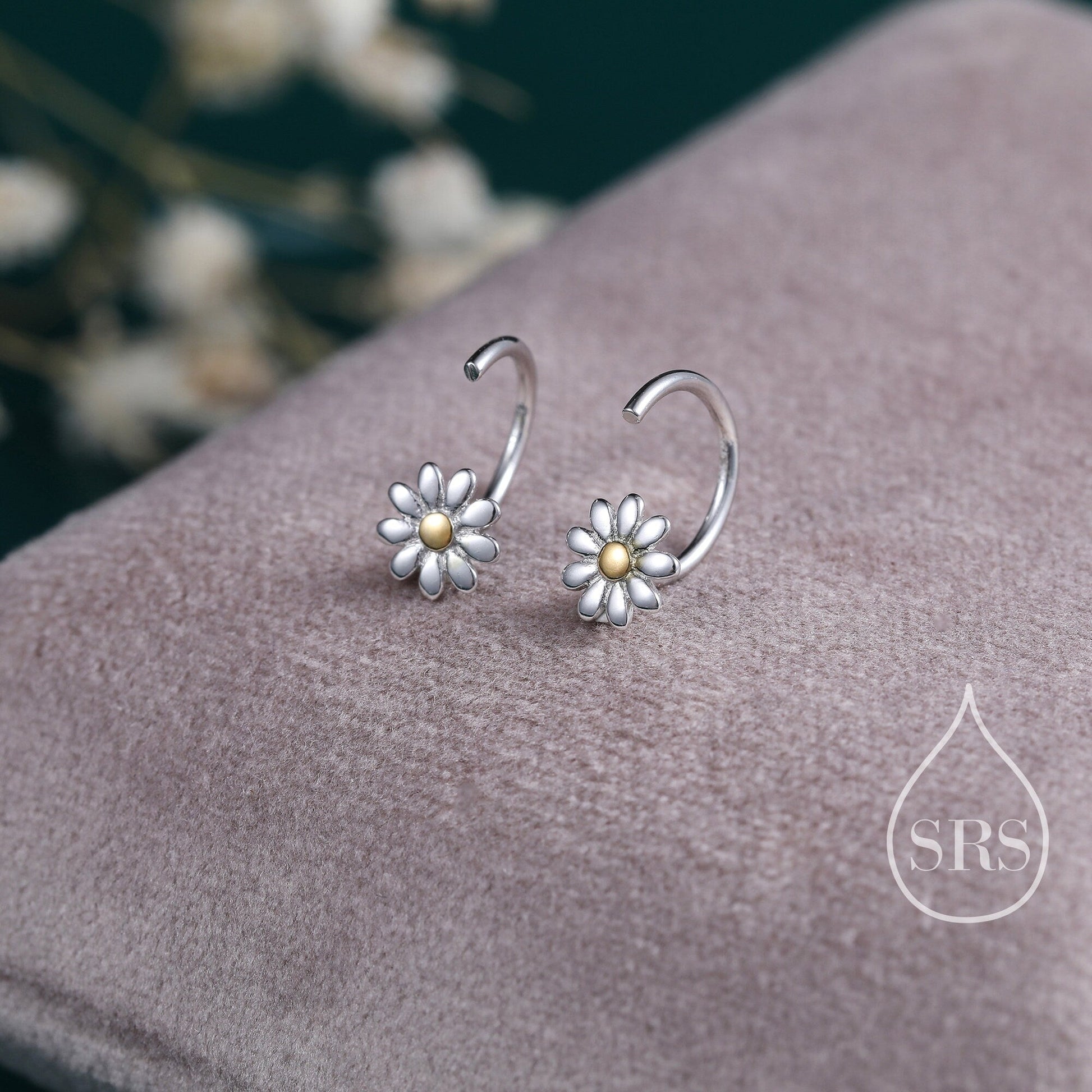 Flower Huggie Hoop Earrings in Sterling Silver, Curved Post Earrings, Open Hoops,  Pull-Through Threader Earrings,