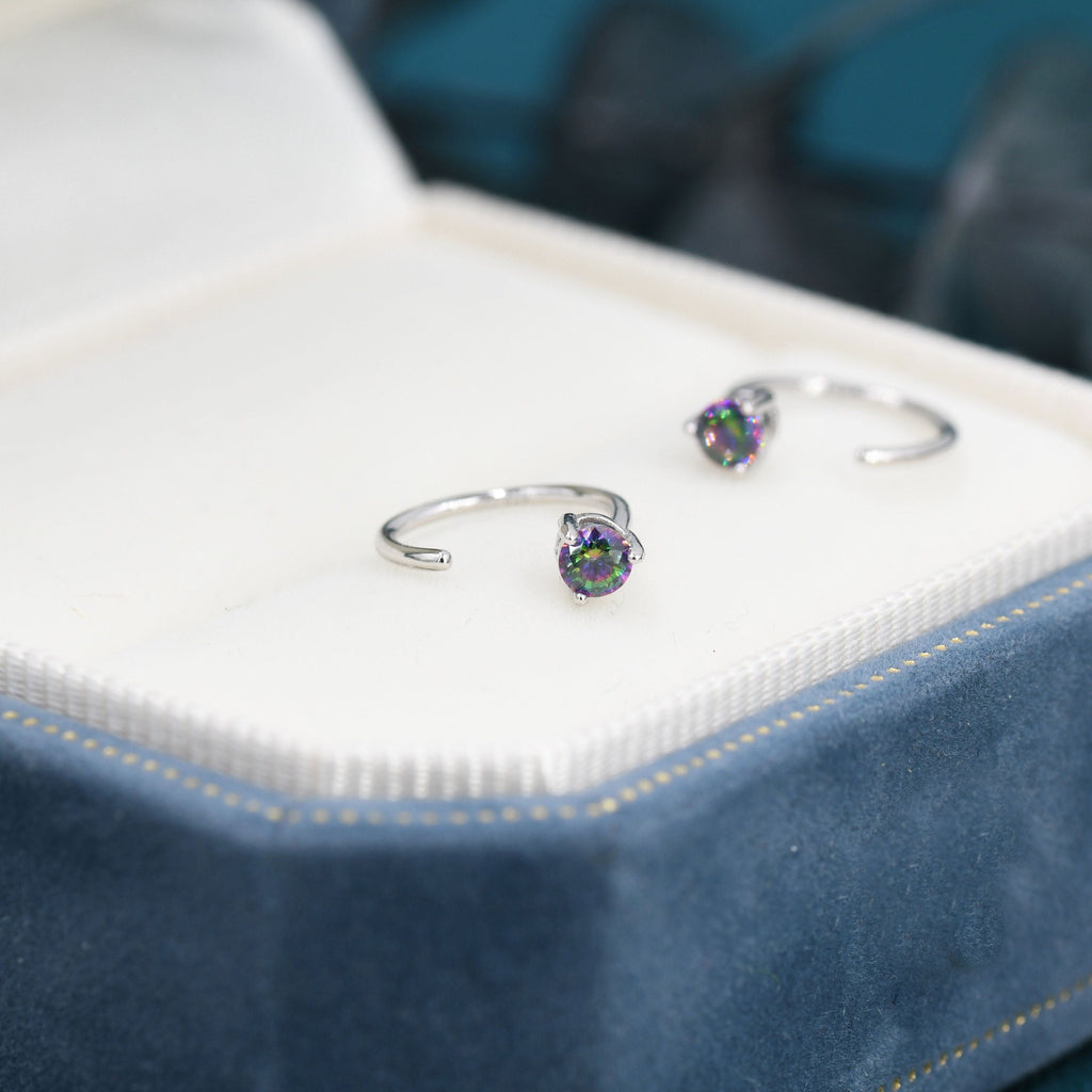 Mystic Topaz Crystal Huggie Hoop Threader Earrings in Sterling Silver, 3mm Three Prong, Gold or Silver, Pull Through Open Hoops