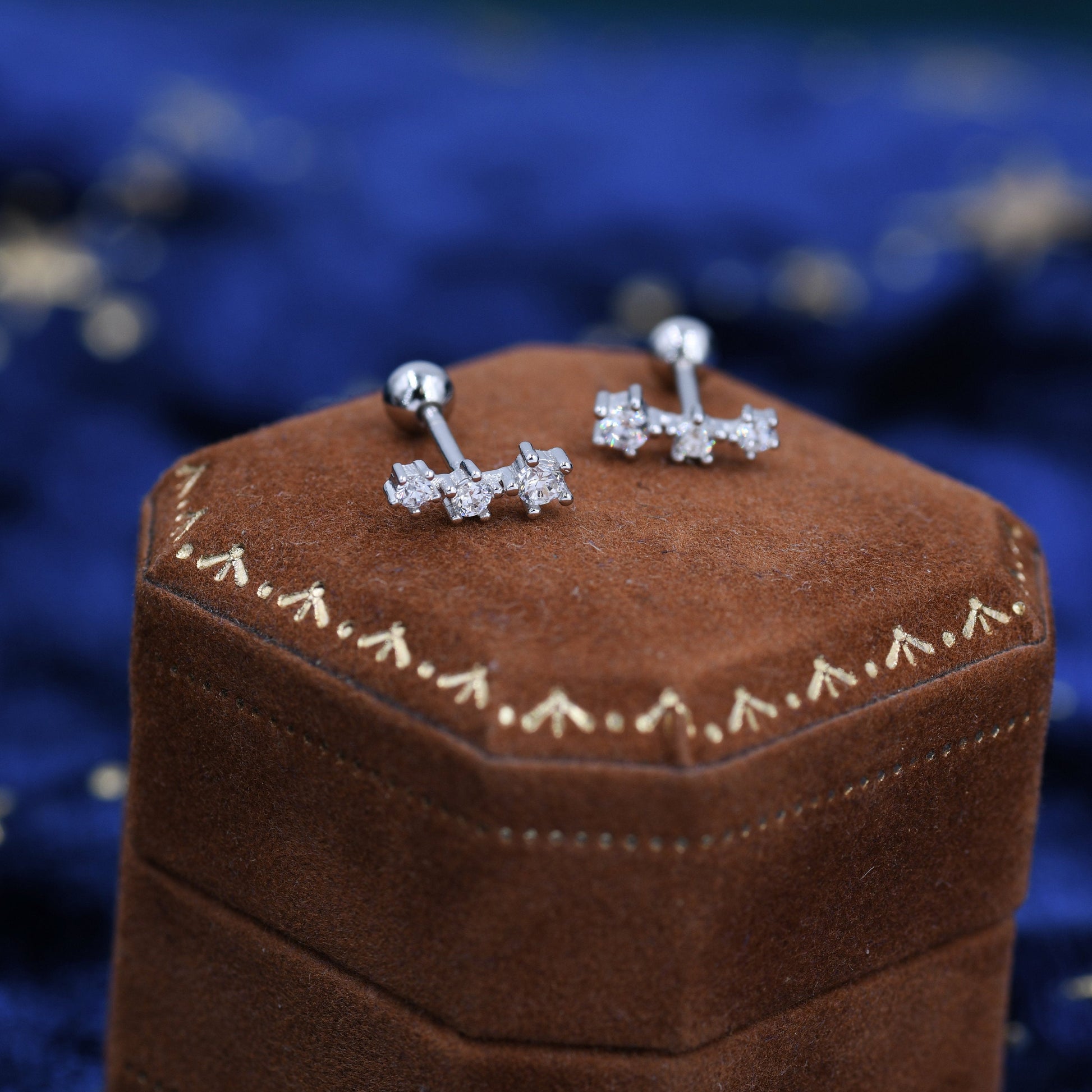 Tiny CZ Trio Internally Threaded Flat Back /Screw Back Earrings in Sterling Silver, Silver or Gold, Geometric Tiny Three Star Earrings
