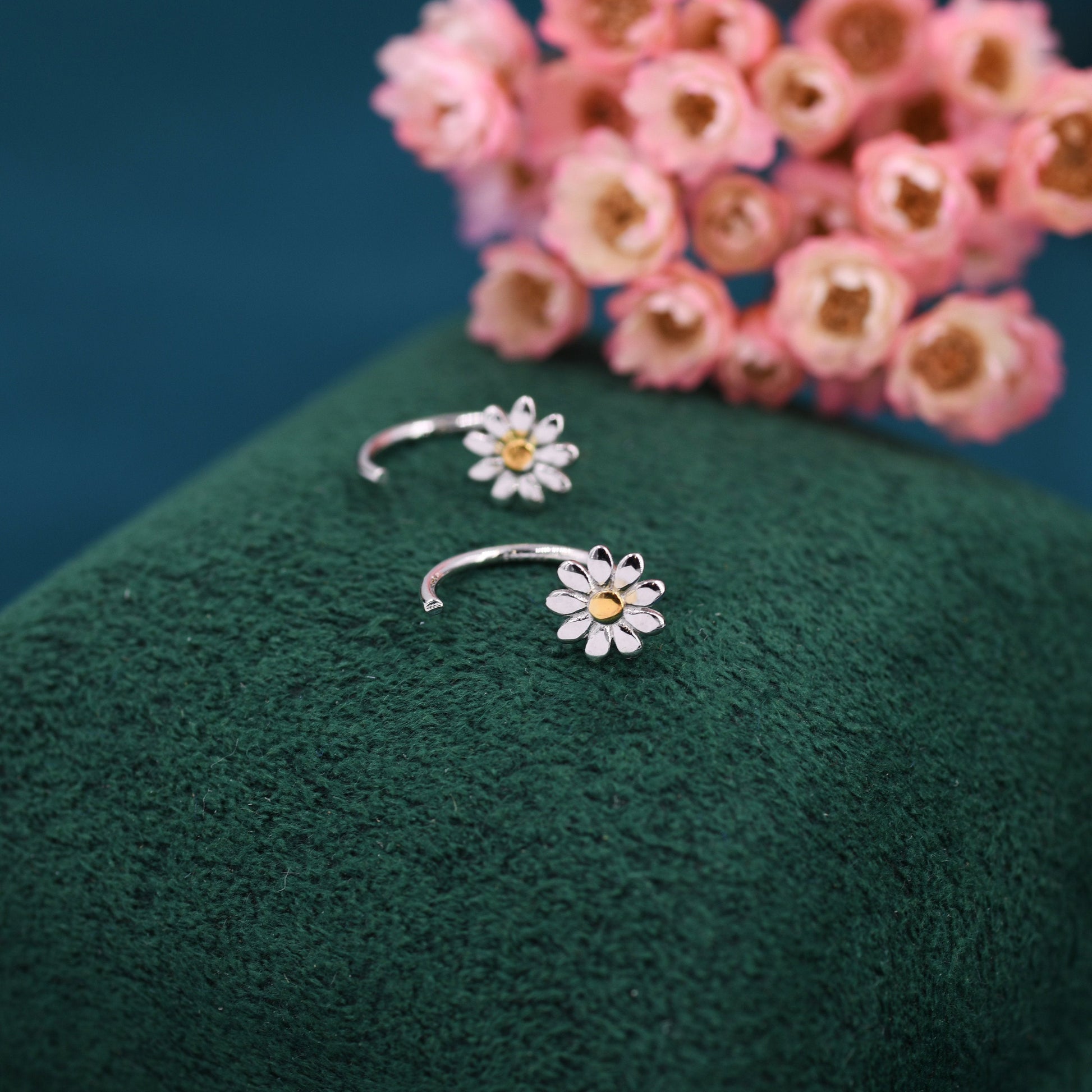 Flower Huggie Hoop Earrings in Sterling Silver, Curved Post Earrings, Open Hoops,  Pull-Through Threader Earrings,