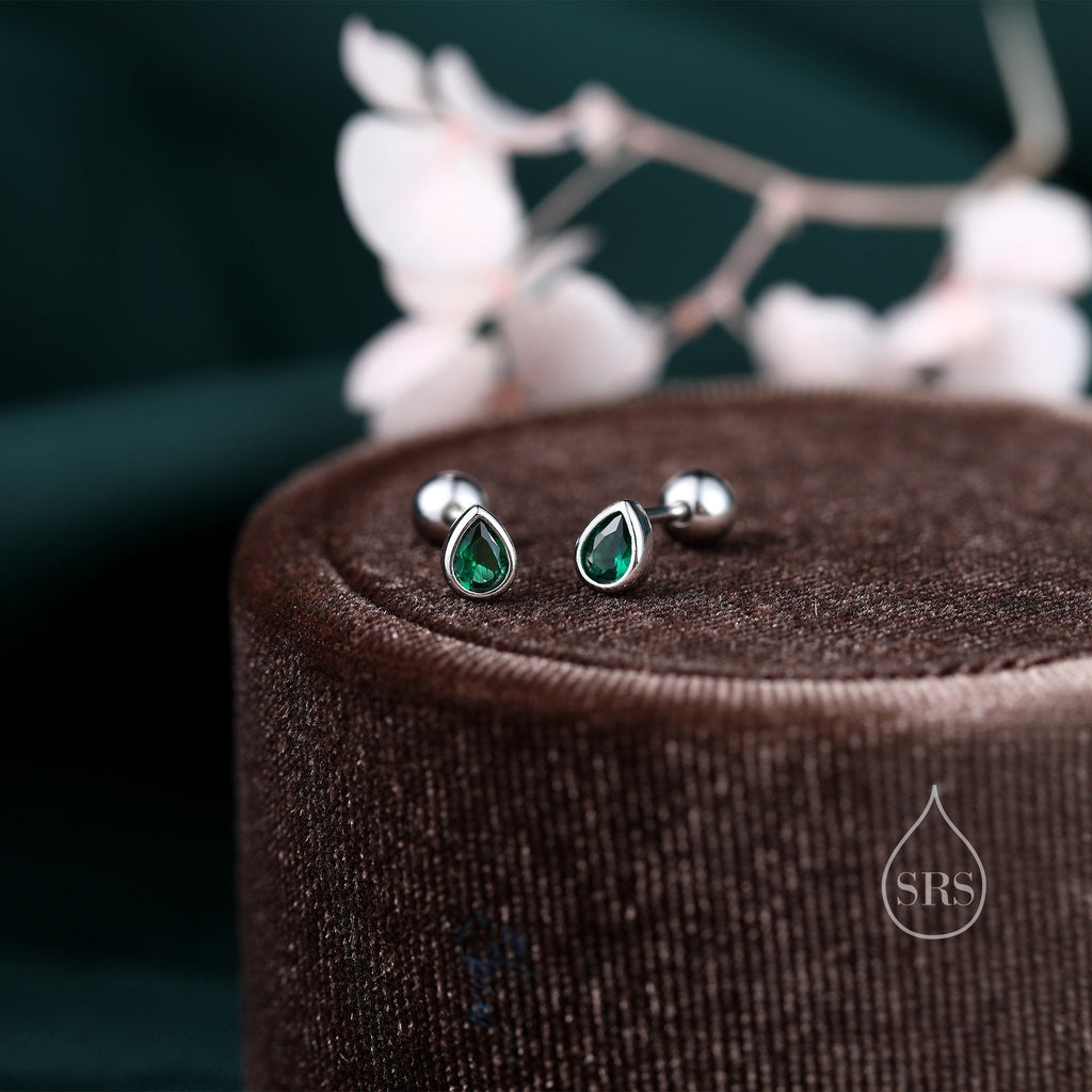 Emerald Green CZ Droplet Internally Threaded Flat Back/ Screw Back / Stud Earrings in Sterling Silver, Silver or Gold or Rose Gold,