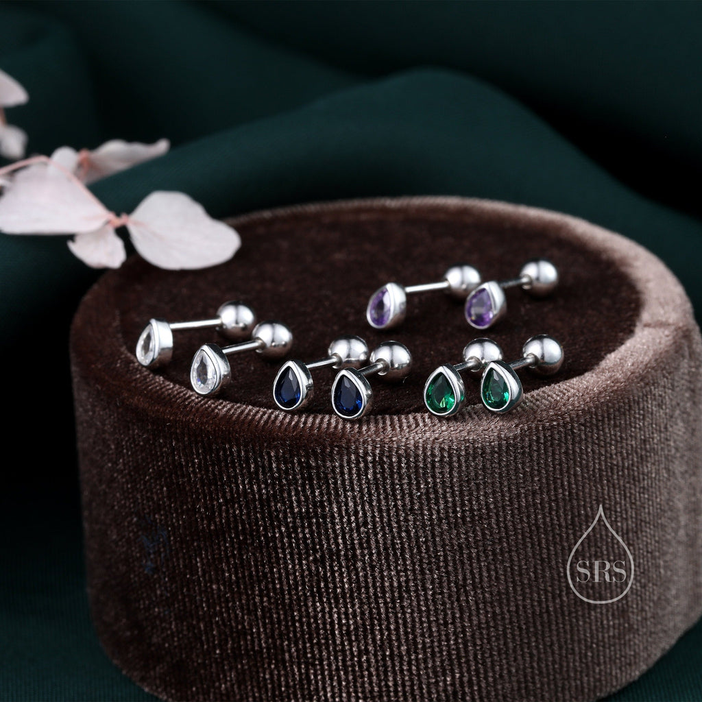 Emerald Green CZ Droplet Internally Threaded Flat Back/ Screw Back / Stud Earrings in Sterling Silver, Silver or Gold or Rose Gold,