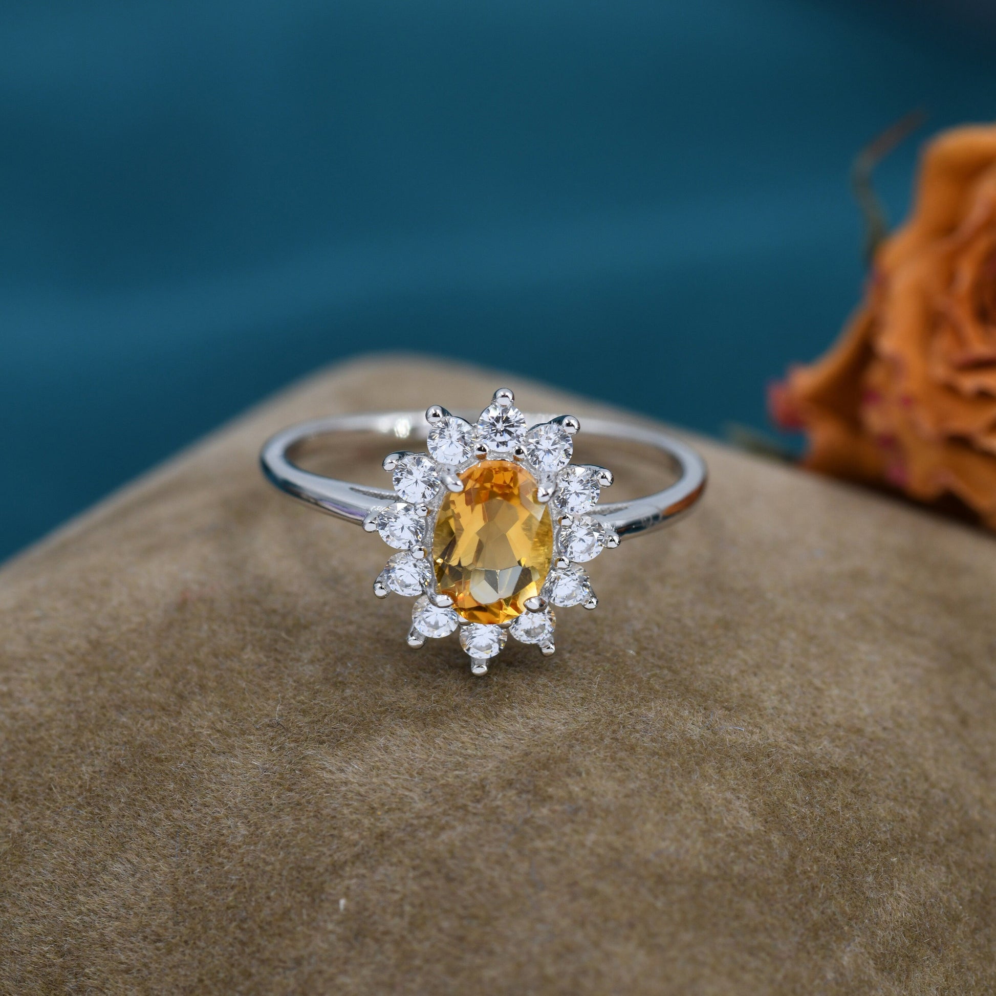 Genuine Citrine and CZ Halo Ring in Sterling Silver, Natural Citrine Stone Ring, Stacking Rings, US 5-8