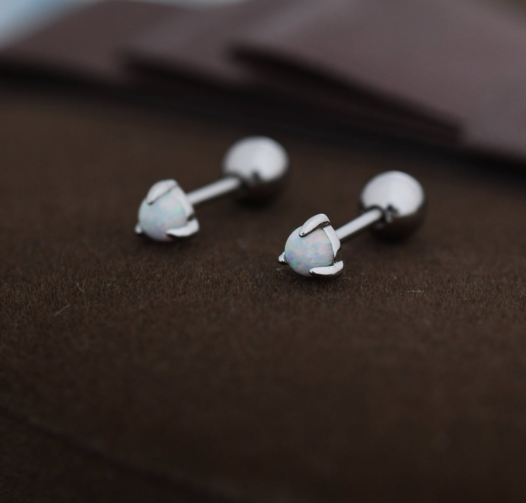 White Opal Internally Threaded Flat Back /Screw back Earrings in Sterling Silver, Silver or Gold, Opal Three Prong Earrings