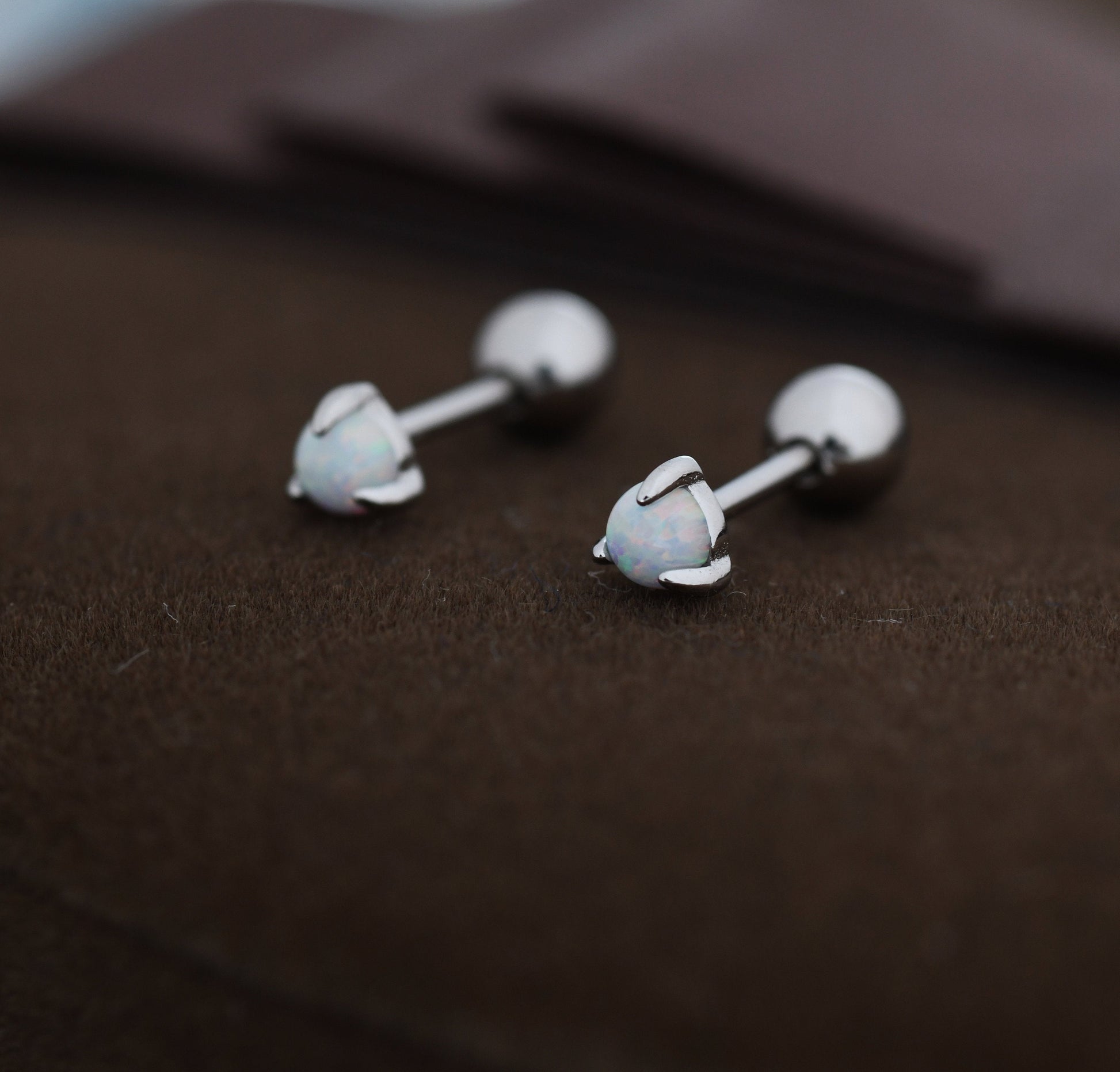 White Opal Internally Threaded Flat Back /Screw back Earrings in Sterling Silver, Silver or Gold, Opal Three Prong Earrings
