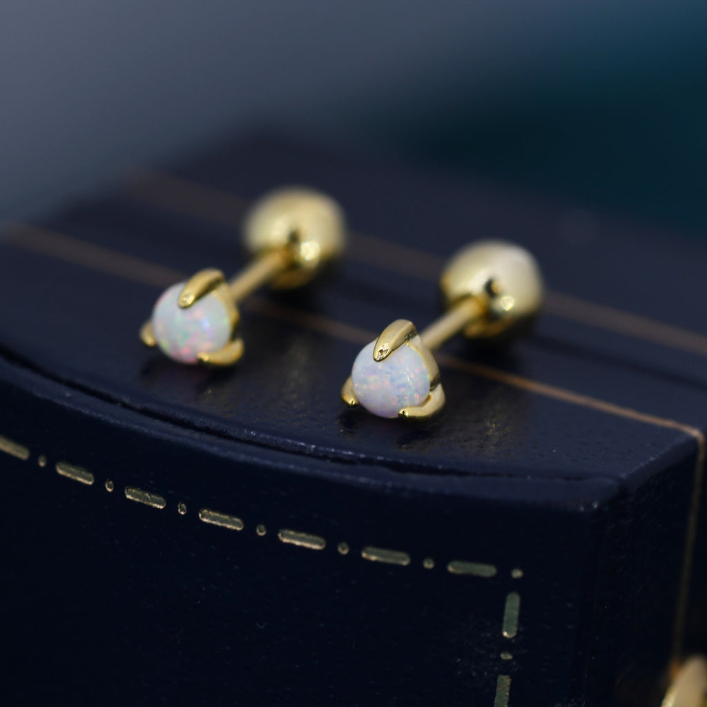 White Opal Internally Threaded Flat Back /Screw back Earrings in Sterling Silver, Silver or Gold, Opal Three Prong Earrings