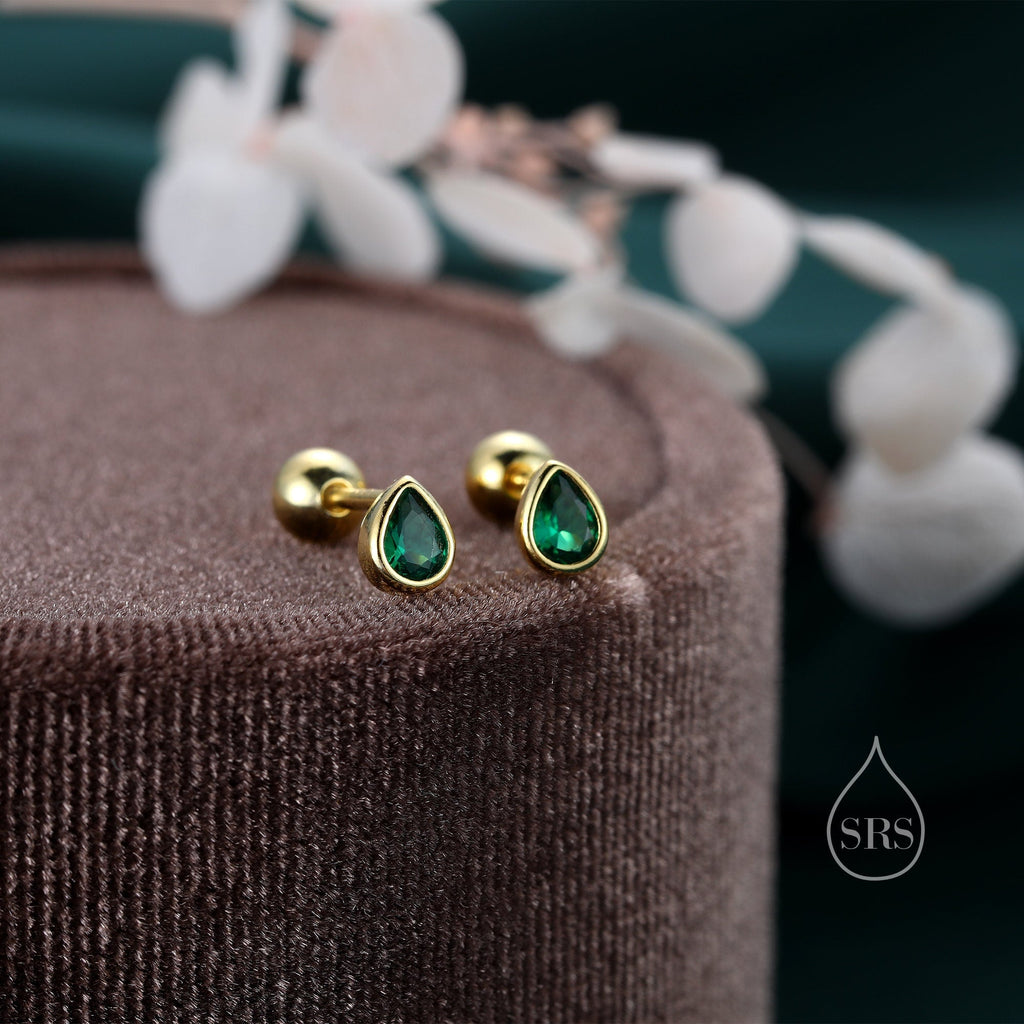 Emerald Green CZ Droplet Internally Threaded Flat Back/ Screw Back / Stud Earrings in Sterling Silver, Silver or Gold or Rose Gold,