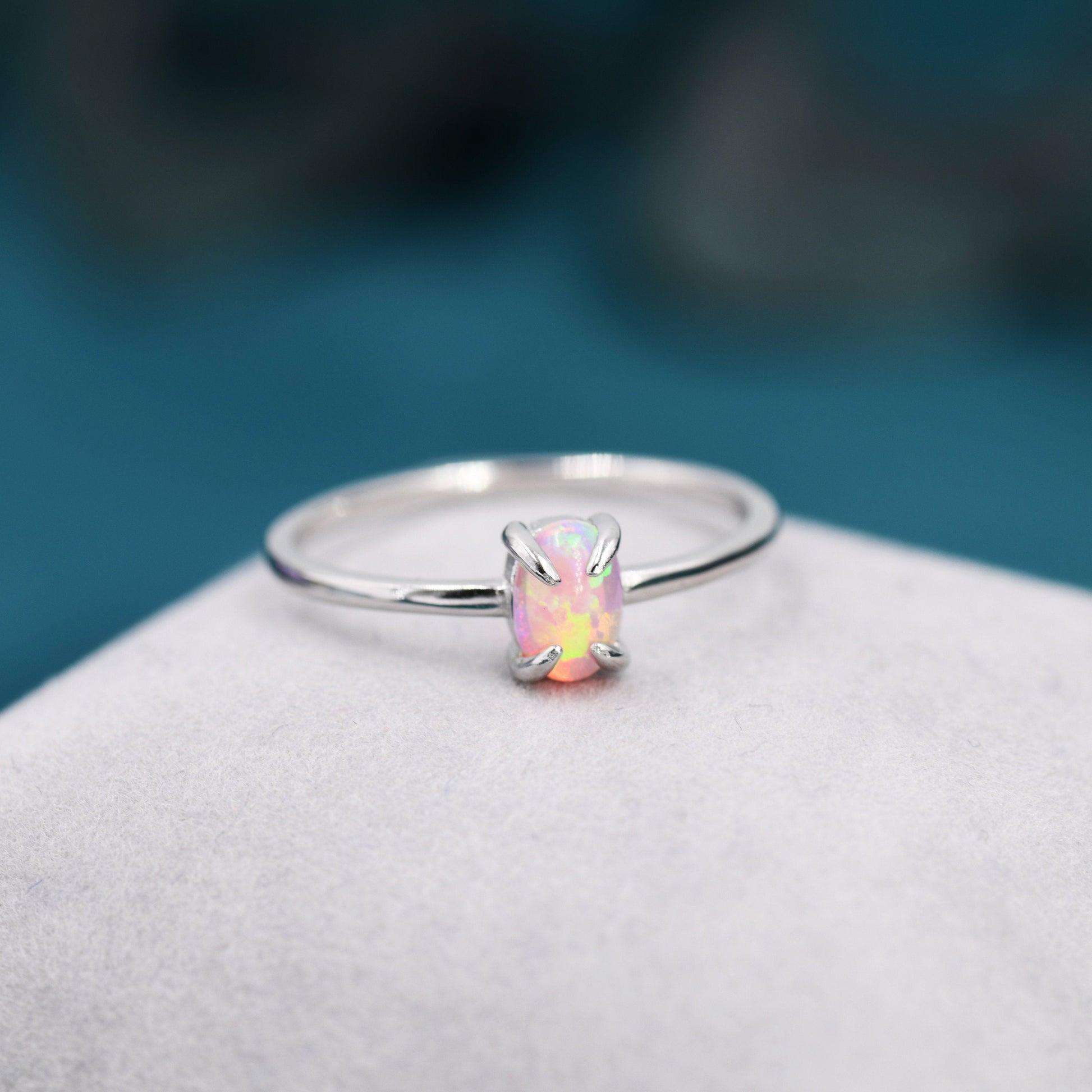Pink Opal Oval Ring in Sterling Silver, US 5 - 8, 4x6mm, Lab Opal Stone Ring, Pink Opal Ring