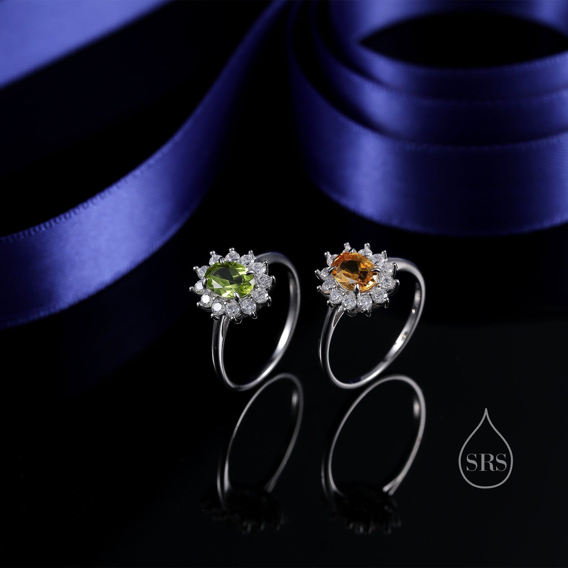 Genuine Citrine and CZ Halo Ring in Sterling Silver, Natural Citrine Stone Ring, Stacking Rings, US 5-8