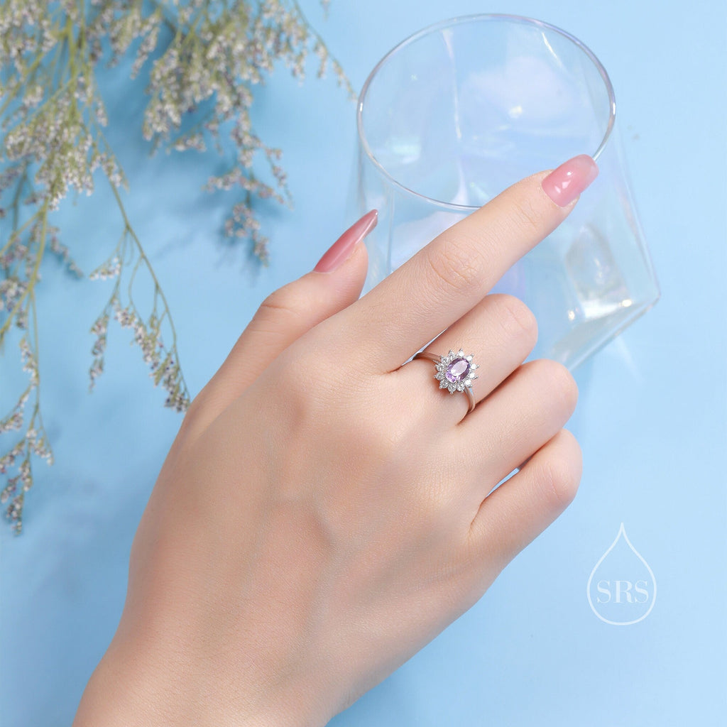 Genuine Citrine and CZ Halo Ring in Sterling Silver, Natural Citrine Stone Ring, Stacking Rings, US 5-8