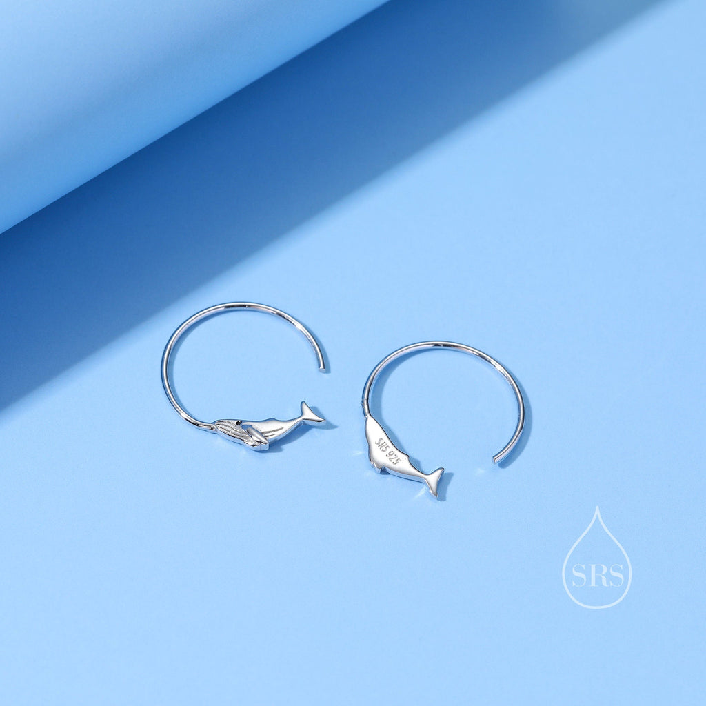 Whale Open Hoop Earrings in Sterling Silver, Silver or Gold, Minimalist Whale Earrings, Simple Whale Earrings