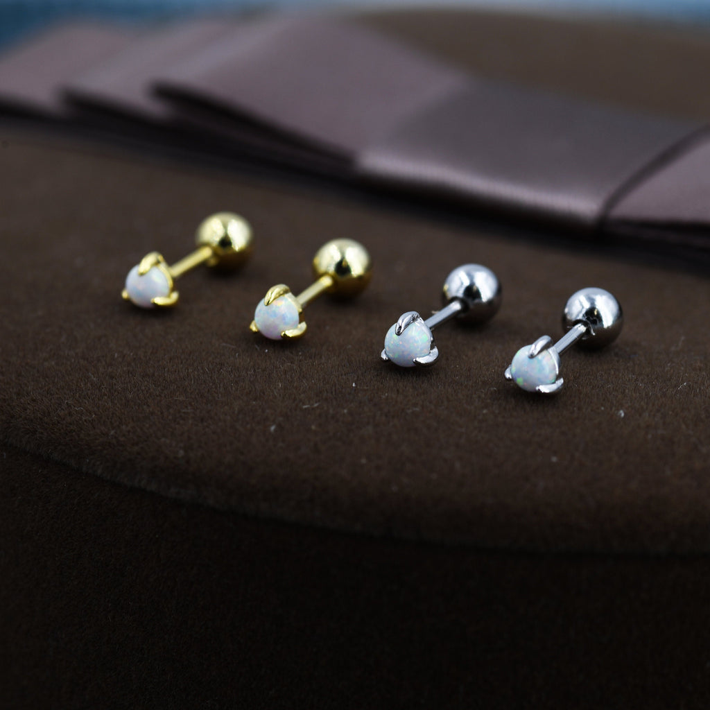 White Opal Internally Threaded Flat Back /Screw back Earrings in Sterling Silver, Silver or Gold, Opal Three Prong Earrings