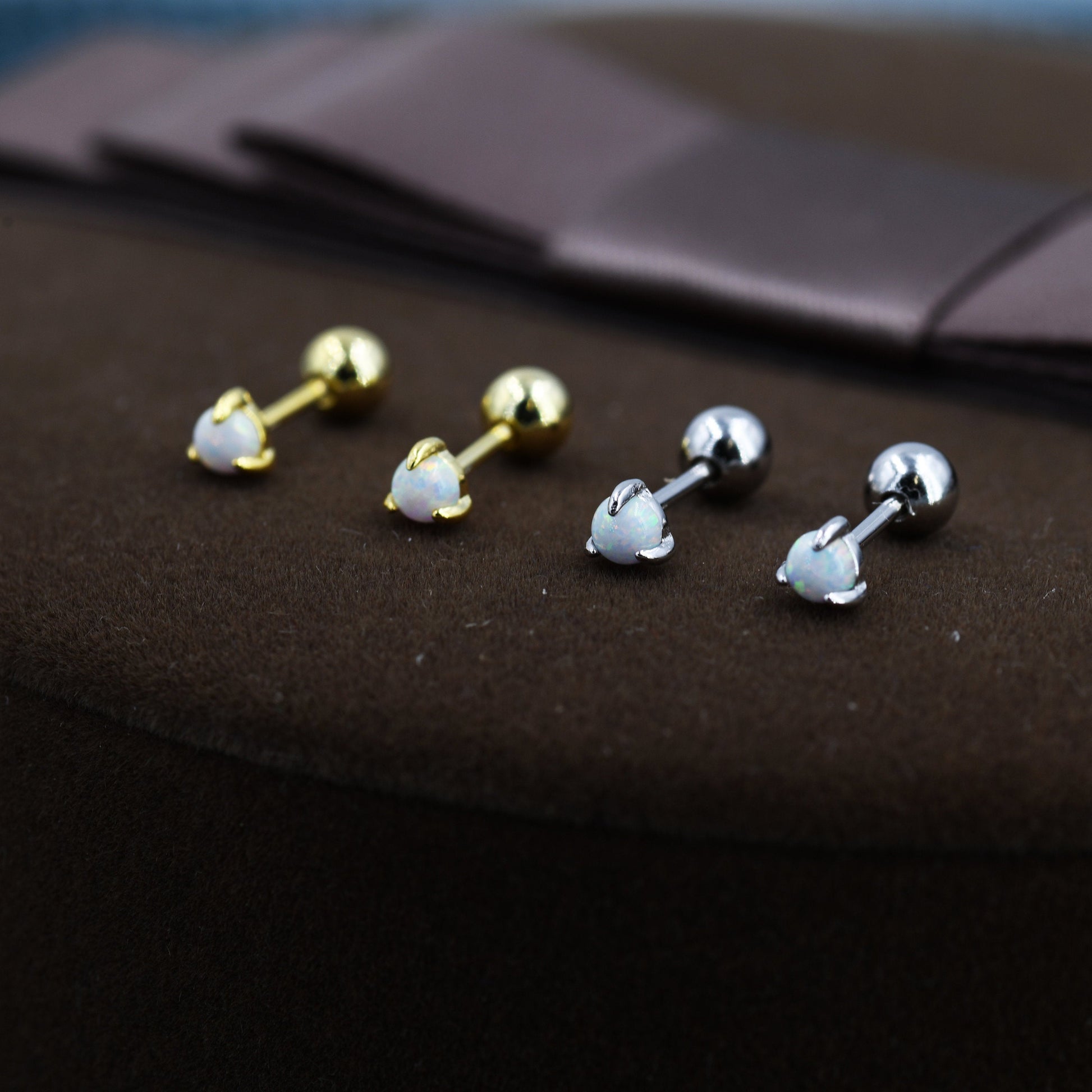 White Opal Internally Threaded Flat Back /Screw back Earrings in Sterling Silver, Silver or Gold, Opal Three Prong Earrings