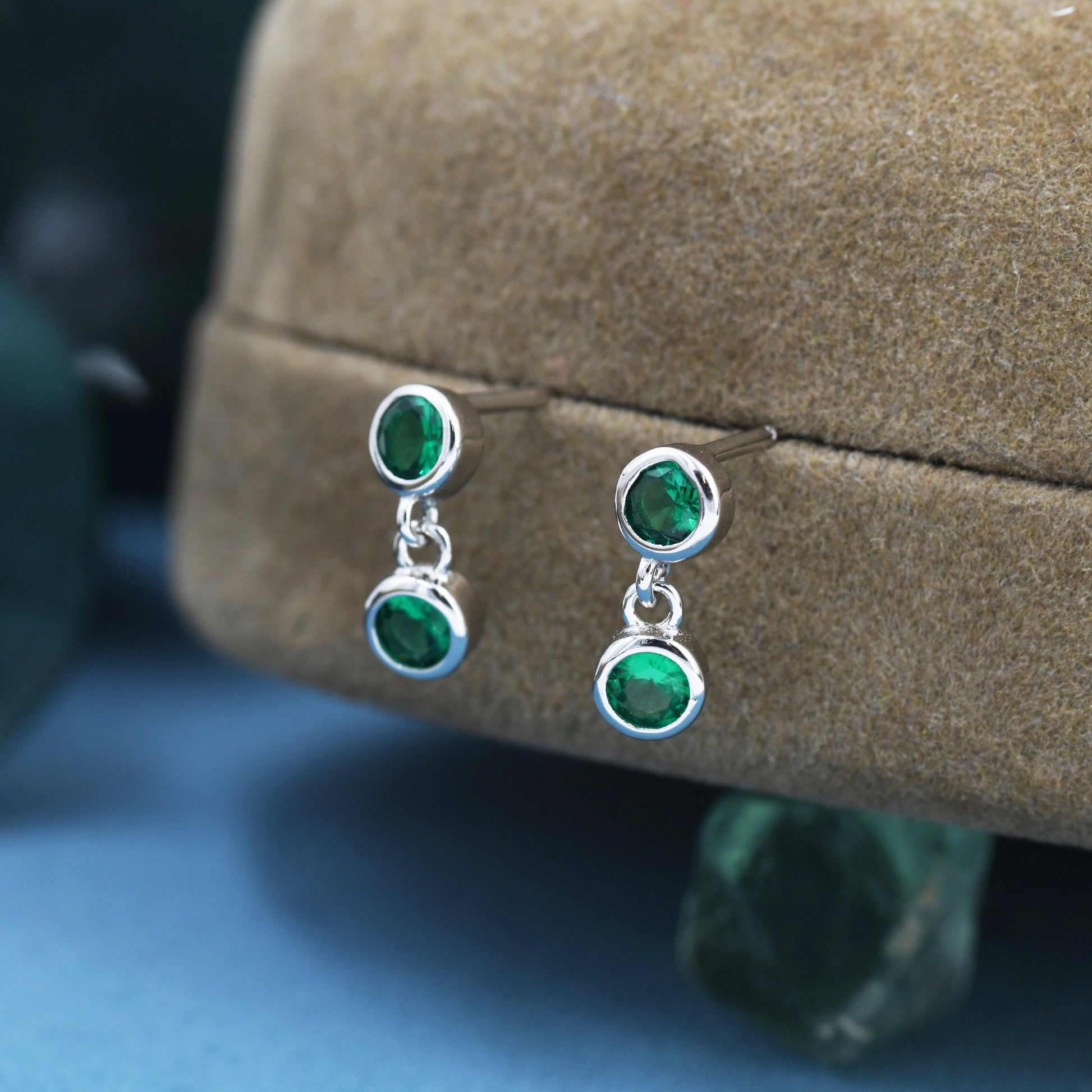 Emerald Green Double CZ Dangle Stud Earrings in Sterling Silver, Silver or Gold, Two CZ Bezel Earrings, Solid Silver Crystal Earrings