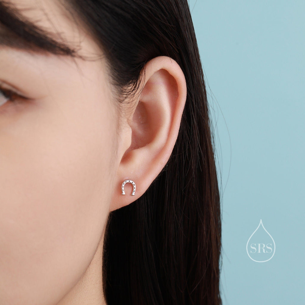 Tiny Mismatched Horse and Horseshoe Stud Earrings in Sterling Silver, Asymmetric Horse Shoe Stud, Horse Shoe Earrings