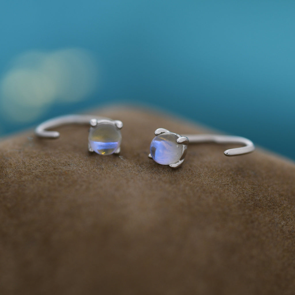 Colour Changing Crystal Huggie Hoop Threader Earrings in Sterling Silver, Simulated Moonstone, 4mm,  Pull Through Open Hoops