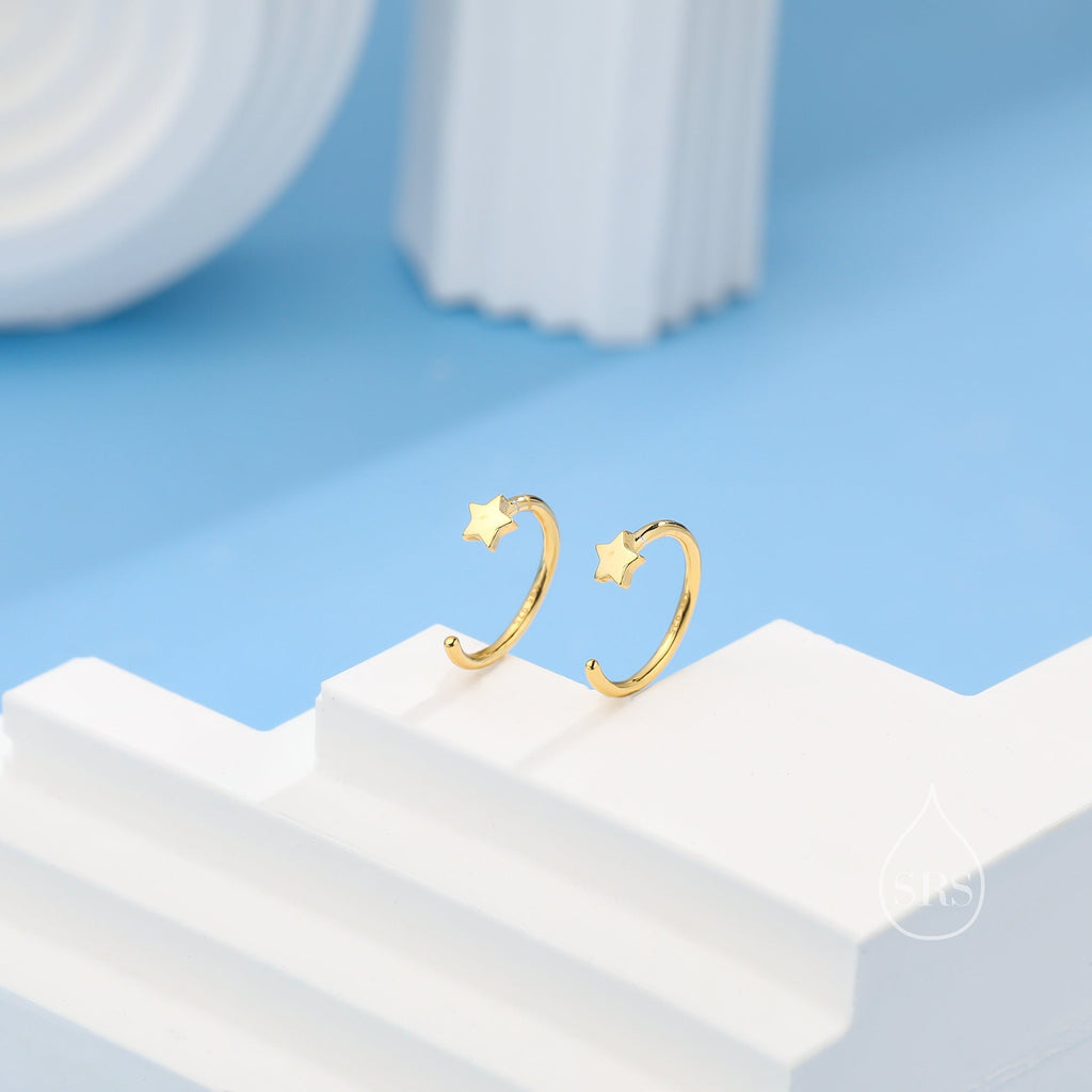 Extra Tiny Star Huggie Hoop Earrings in Sterling Silver, Tiny North Star Open Hoops, Pull Through Threaders, Half Hoops