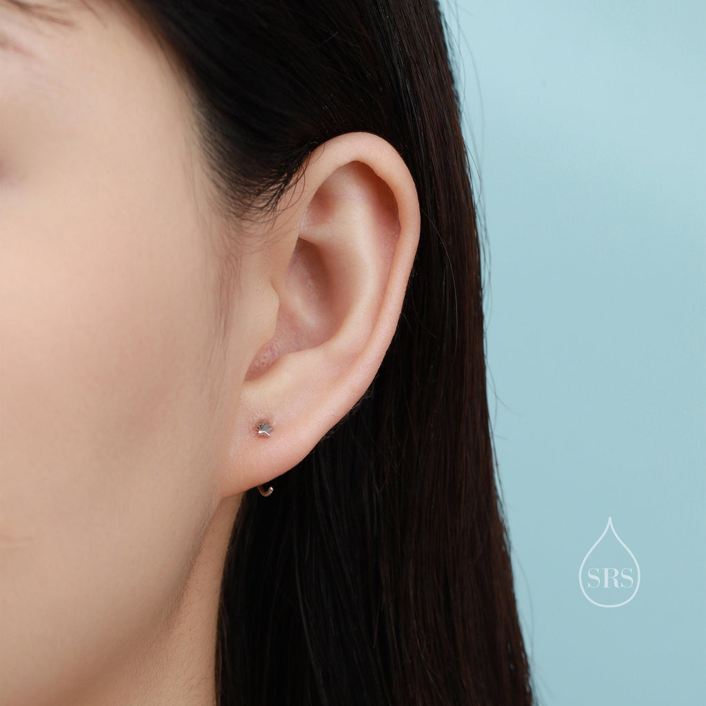 Extra Tiny Star Huggie Hoop Earrings in Sterling Silver, Tiny North Star Open Hoops, Pull Through Threaders, Half Hoops