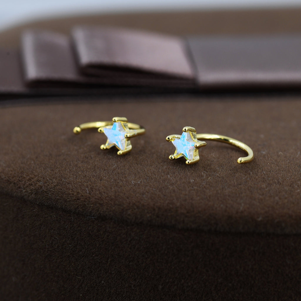 Aurora Borealis AB CZ Star Huggie Hoop Earrings in Sterling Silver, Tiny Moonstone Star CZ Open Hoops, Pull Through Threaders, Half Hoops