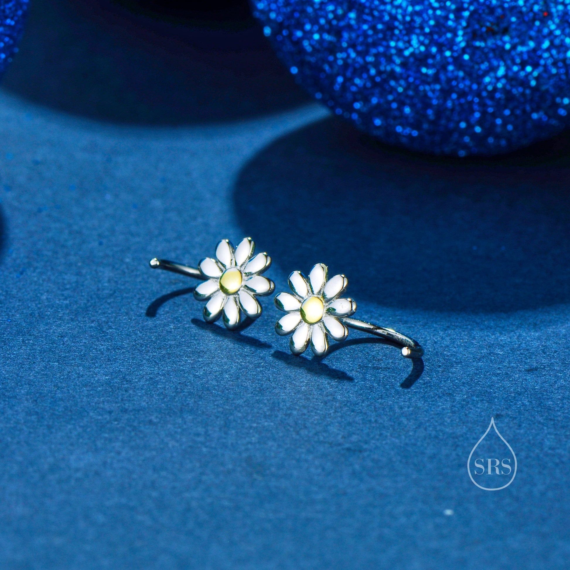 Flower Huggie Hoop Earrings in Sterling Silver, Curved Post Earrings, Open Hoops,  Pull-Through Threader Earrings,