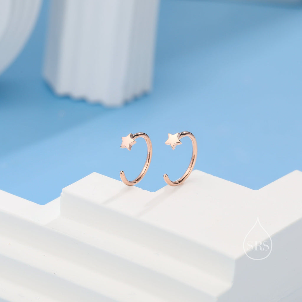 Extra Tiny Star Huggie Hoop Earrings in Sterling Silver, Tiny North Star Open Hoops, Pull Through Threaders, Half Hoops