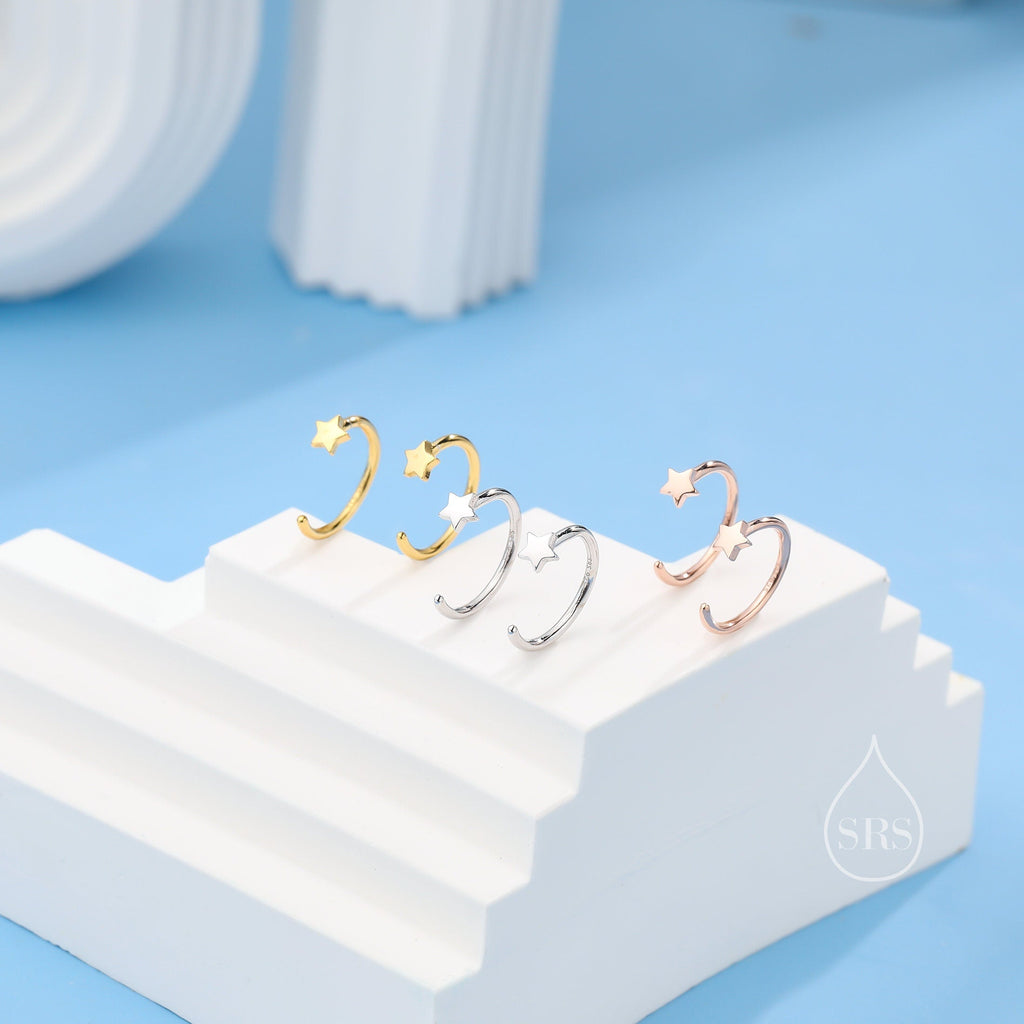 Extra Tiny Star Huggie Hoop Earrings in Sterling Silver, Tiny North Star Open Hoops, Pull Through Threaders, Half Hoops