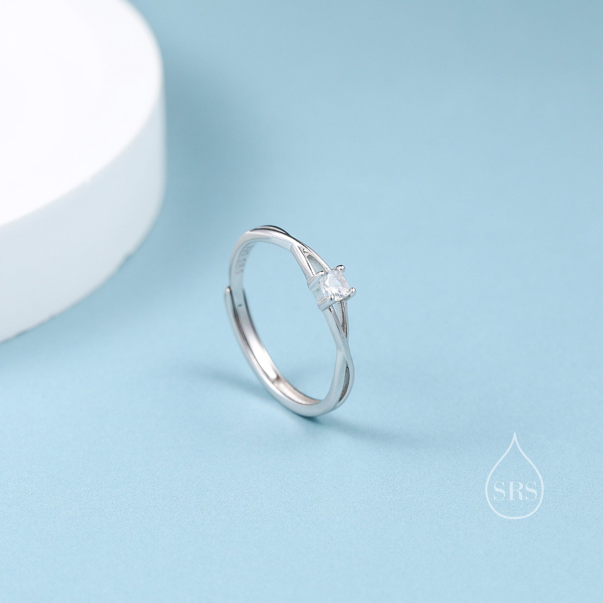 CZ Twist Ring in Sterling Silver, Adjustable Size, Silver or Gold, Emerald Green Ring, Minimalist Ring, Geometric Ring, Solid Silver Ring