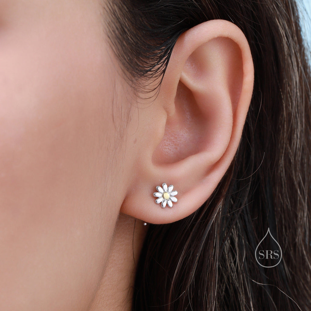 Daisy Flower Huggie Hoop Earrings in Sterling Silver, Two Sizes, Curved Post Earrings, Open Hoops,  Pull-Through Threader Earrings,
