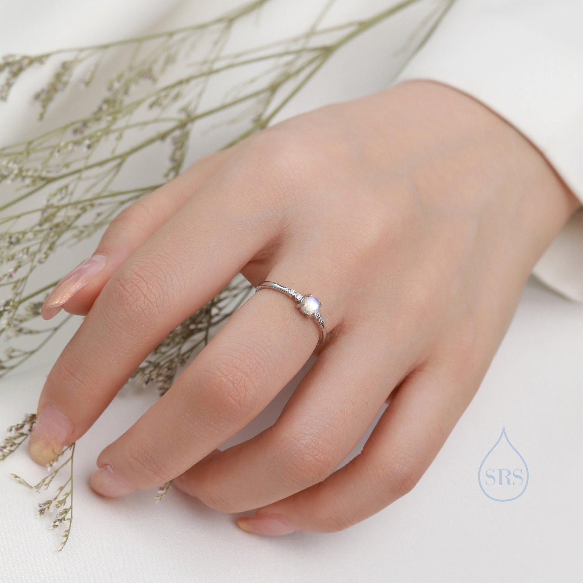 Tiny Moonstone Ring in Sterling Silver, Adjustable Size, 4mm Moonstone Ring, Prong Set, Lab Moonstone Ring, Delicate Stacking Ring,