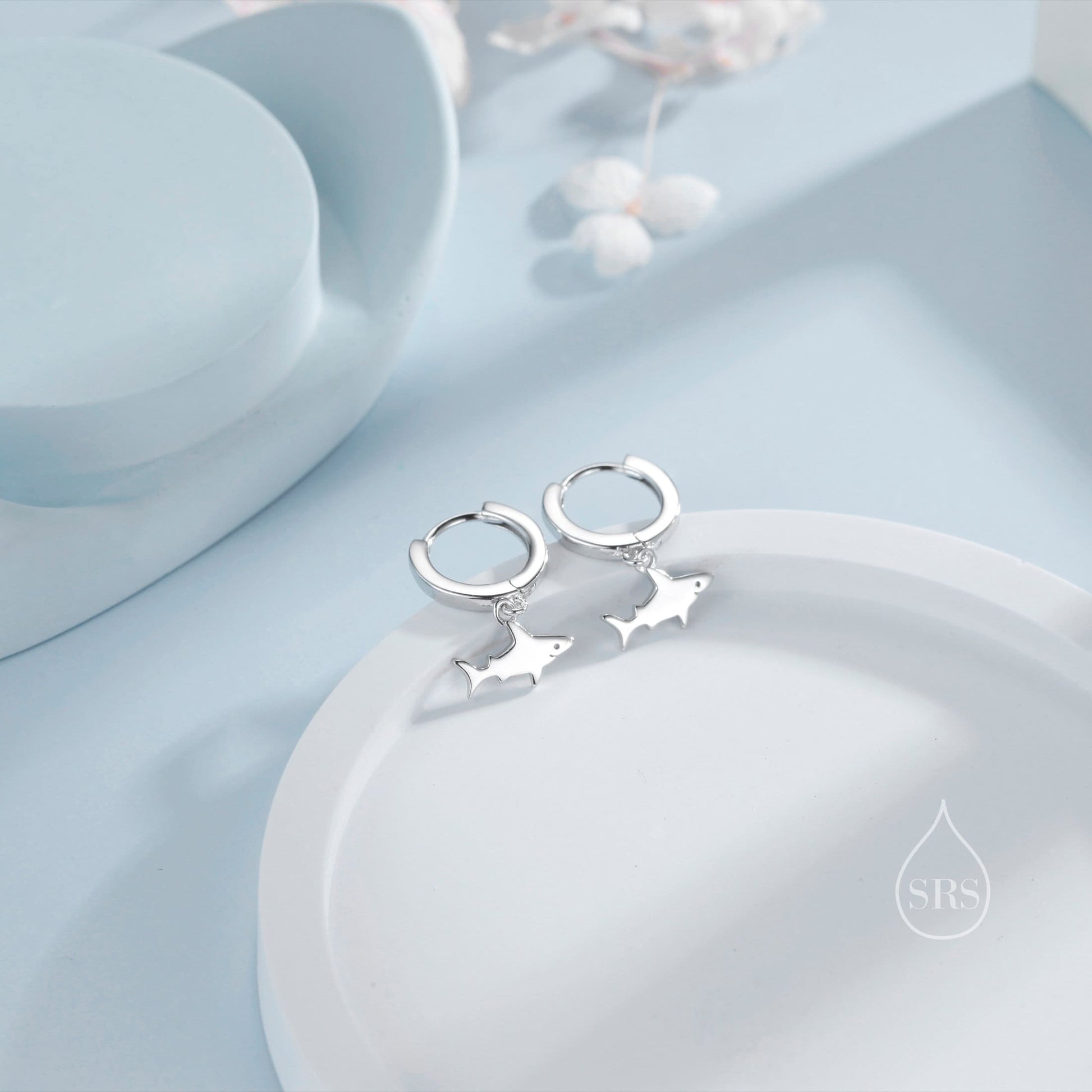 Tiny Shark Fish Huggie Hoop Earrings in Sterling Silver, Fish Earrings,Shark Fish Dangle Hoops, Fish Hoops, Ocean Animal Earrings
