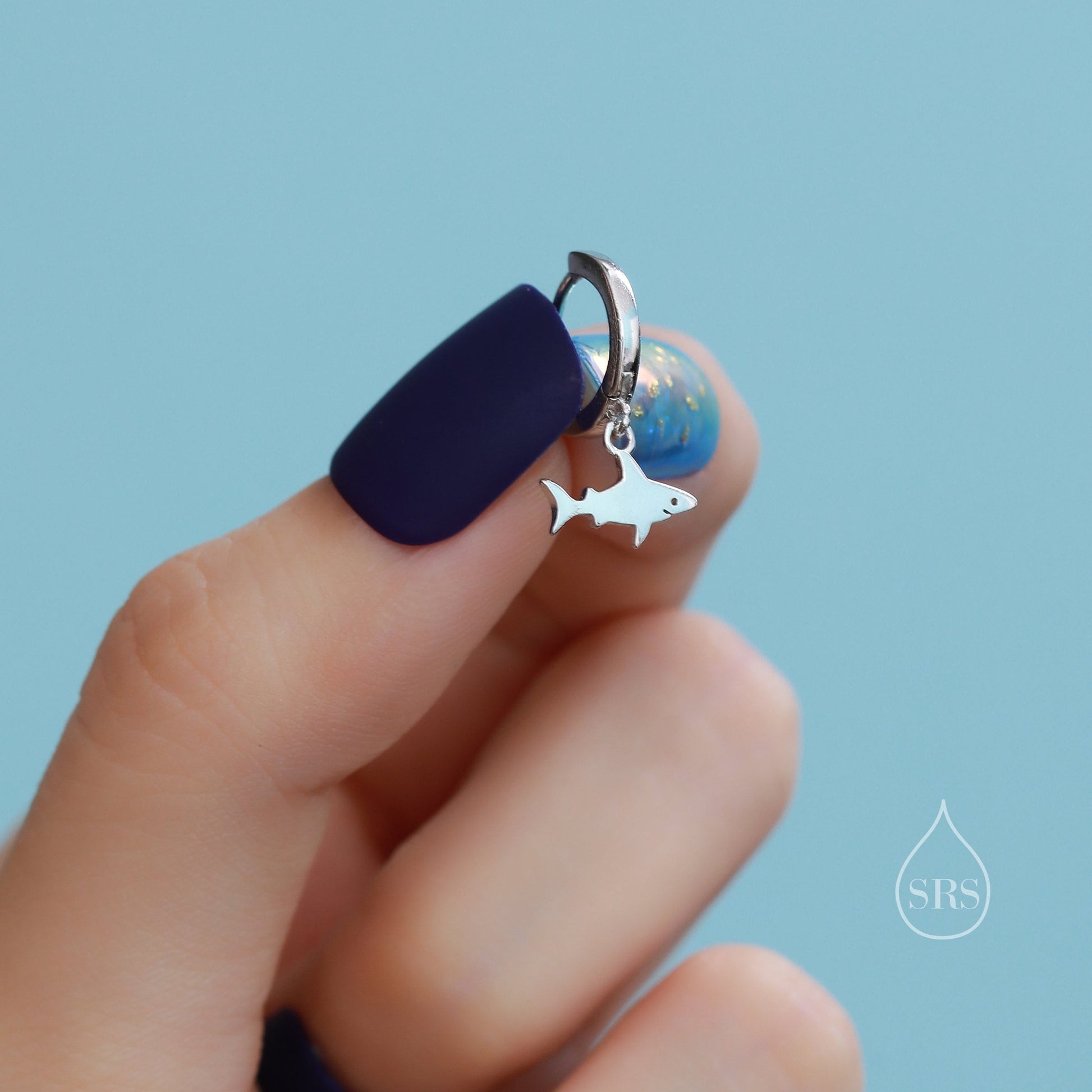 Tiny Shark Fish Huggie Hoop Earrings in Sterling Silver, Fish Earrings,Shark Fish Dangle Hoops, Fish Hoops, Ocean Animal Earrings