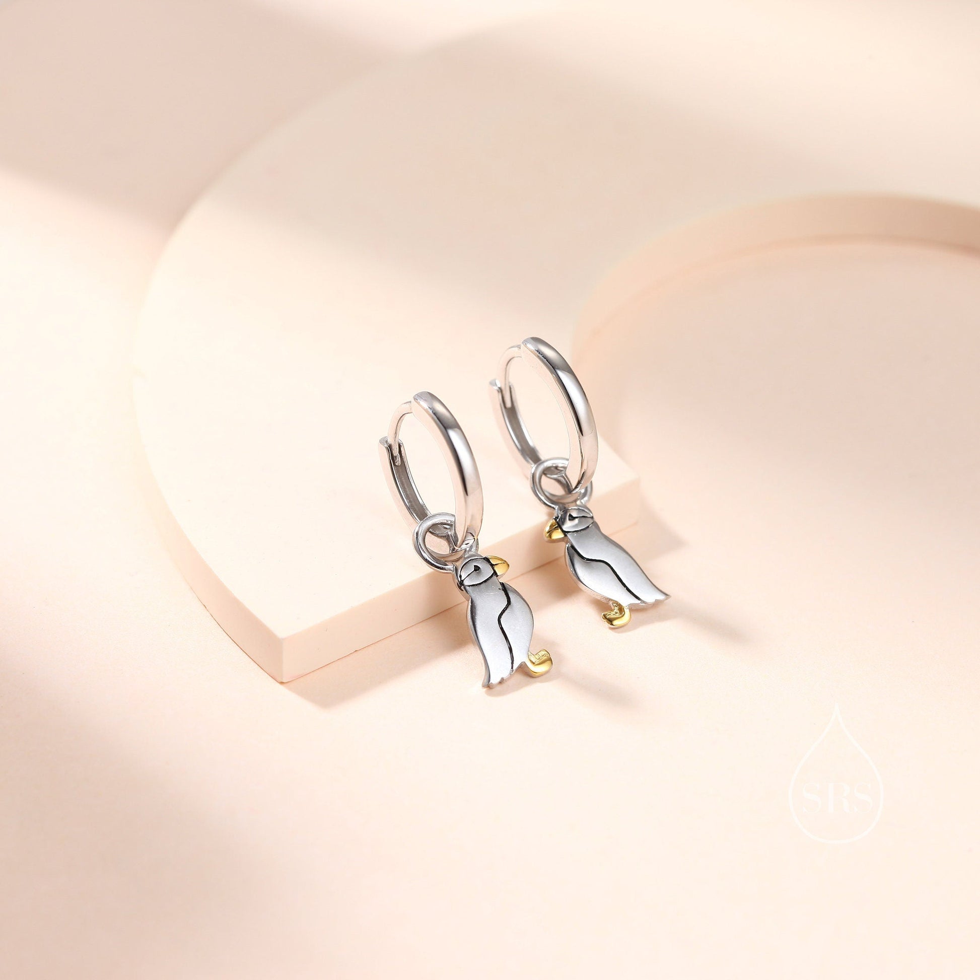 Sterling Silver Puffin Bird Dangle Huggie Hoops, Puffin Hoop Earrings, Dainty Dangle Earrings, Puffin Bird Earrings, Puffin Earrings