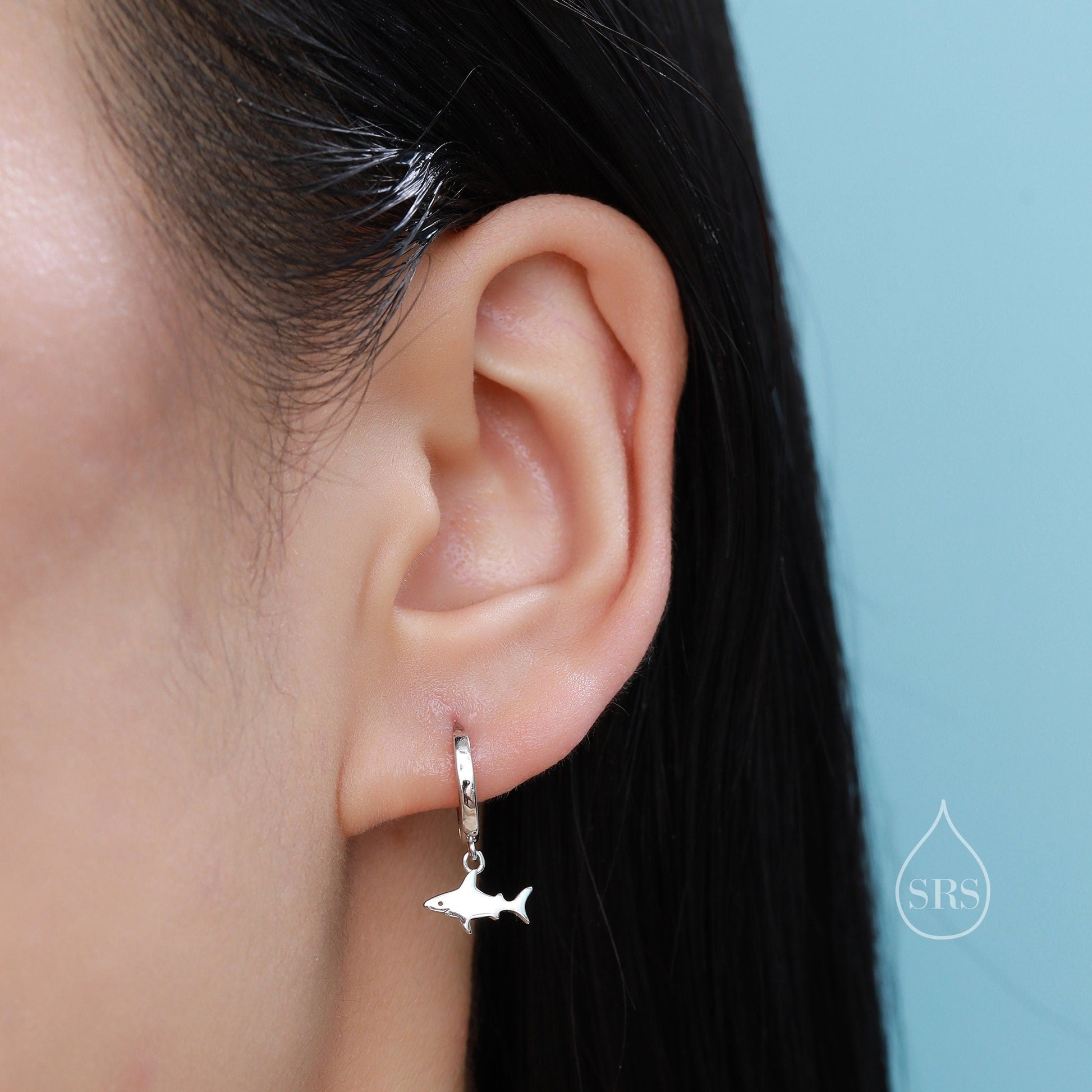 Tiny Shark Fish Huggie Hoop Earrings in Sterling Silver, Fish Earrings,Shark Fish Dangle Hoops, Fish Hoops, Ocean Animal Earrings
