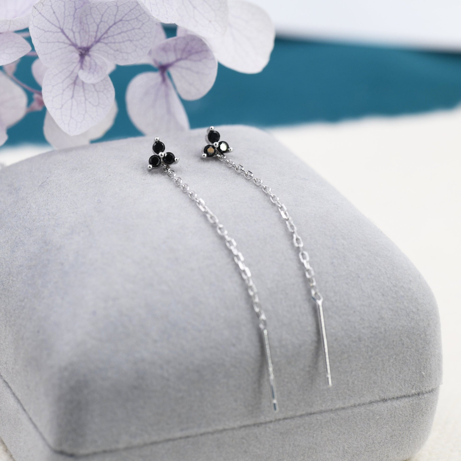 Black CZ Trio Flower Threader Earrings in Sterling Silver, Silver or Gold, Three Dot Crystal Ear Threaders, Flower CZ Earrings