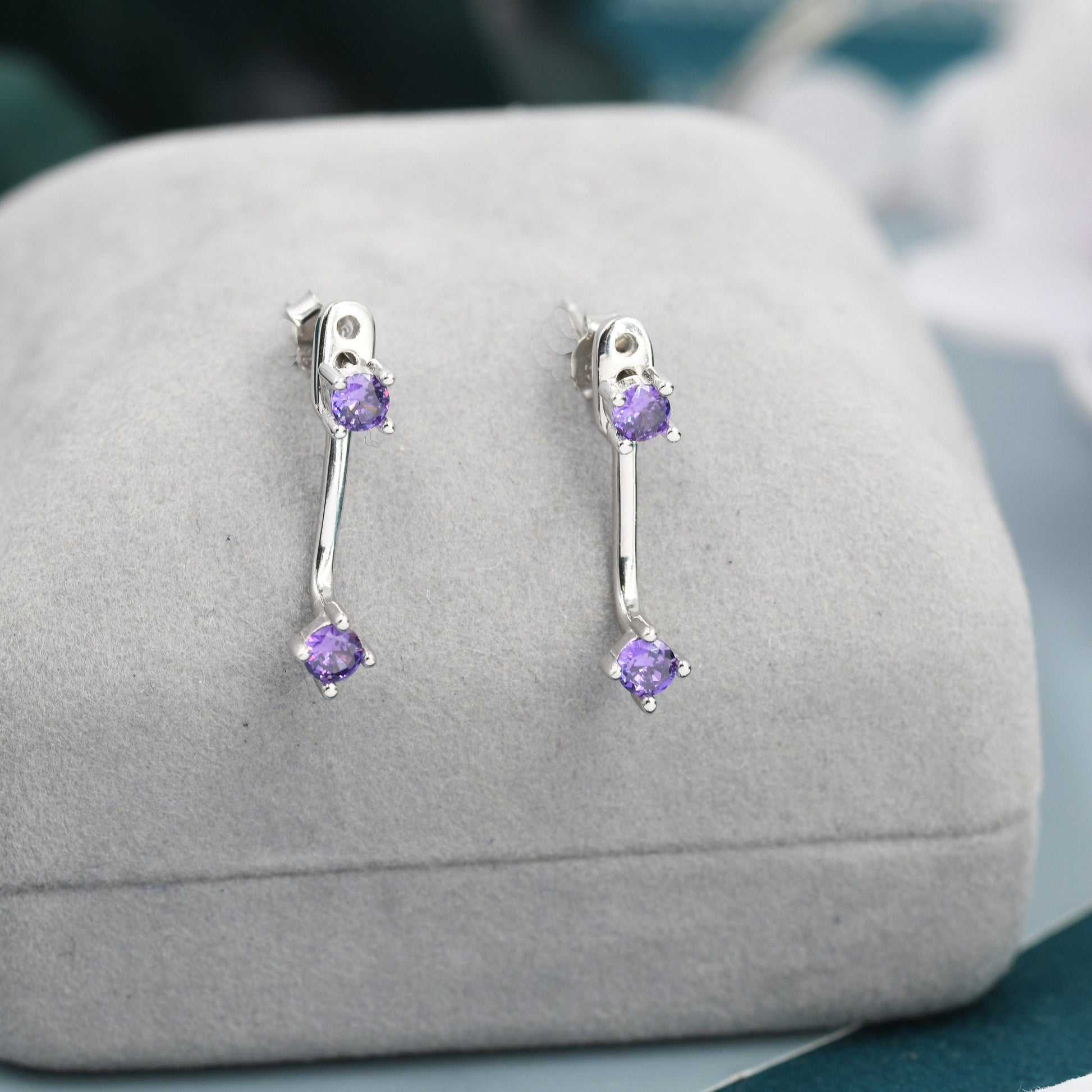 Double Amethyst Purple CZ Ear Jacket in Sterling Silver,  Silver or Gold, Front and Back Earrings, Two Part Earrings