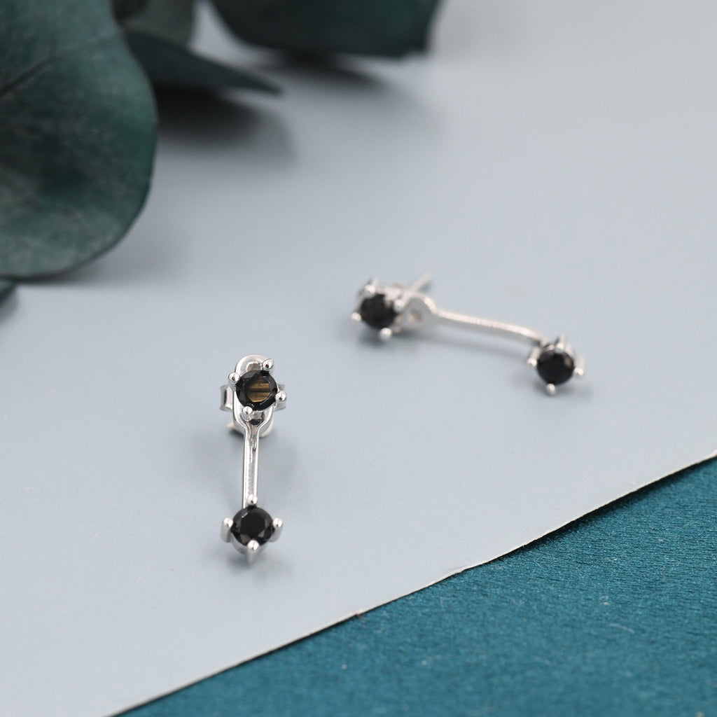 Double Black CZ Ear Jacket in Sterling Silver,  Silver or Gold, Front and Back Earrings, Two Part Earrings
