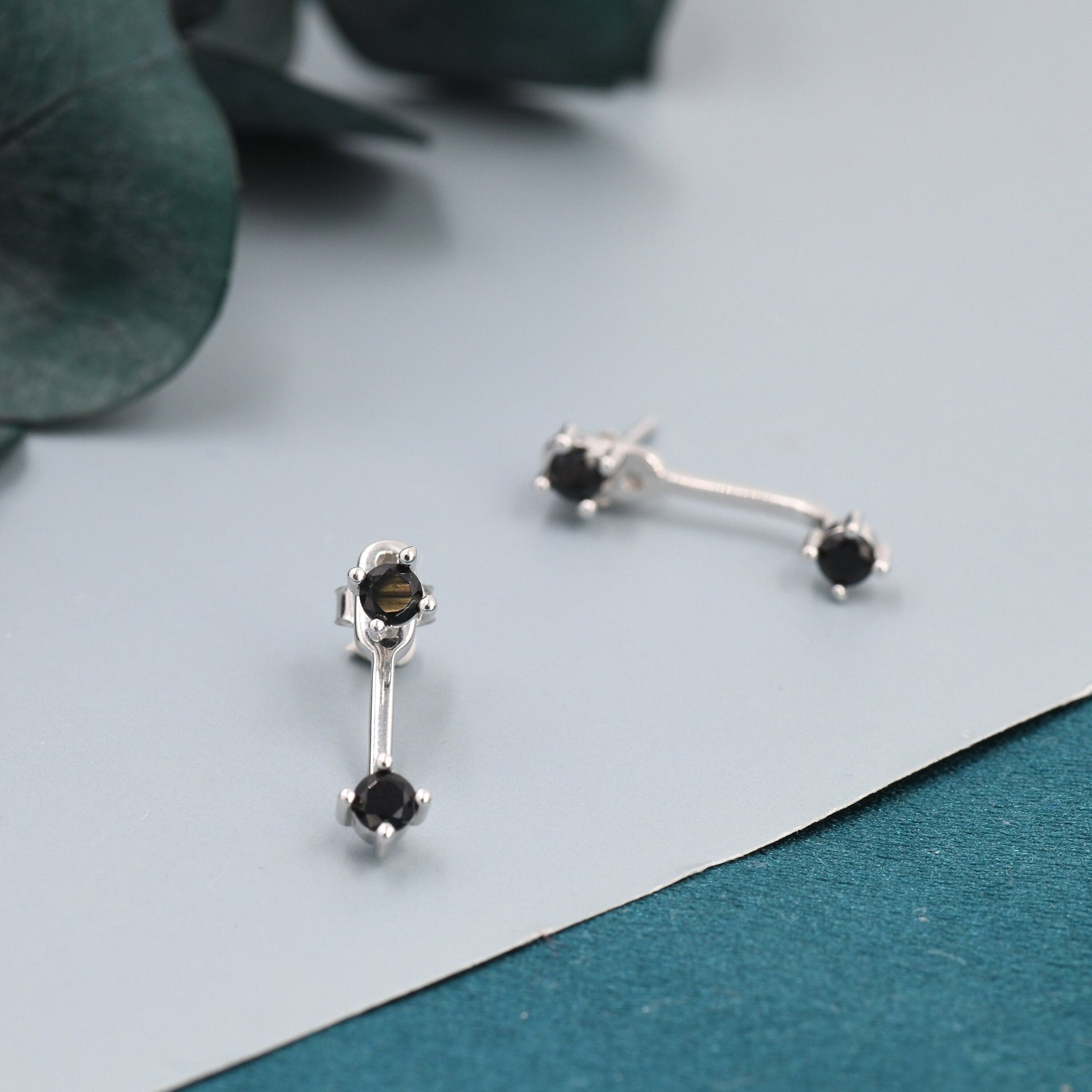 Double Black CZ Ear Jacket in Sterling Silver,  Silver or Gold, Front and Back Earrings, Two Part Earrings
