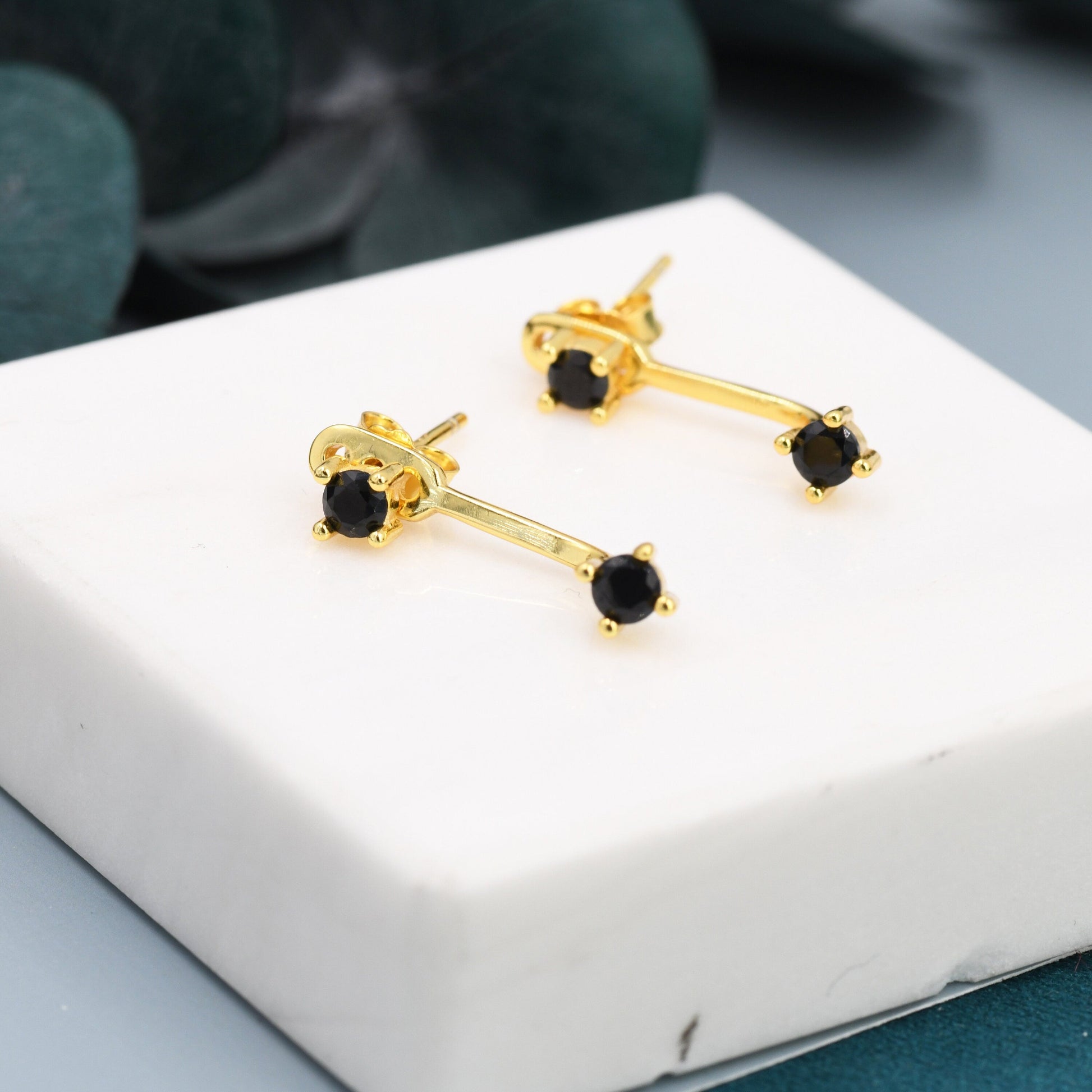 Double Black CZ Ear Jacket in Sterling Silver,  Silver or Gold, Front and Back Earrings, Two Part Earrings