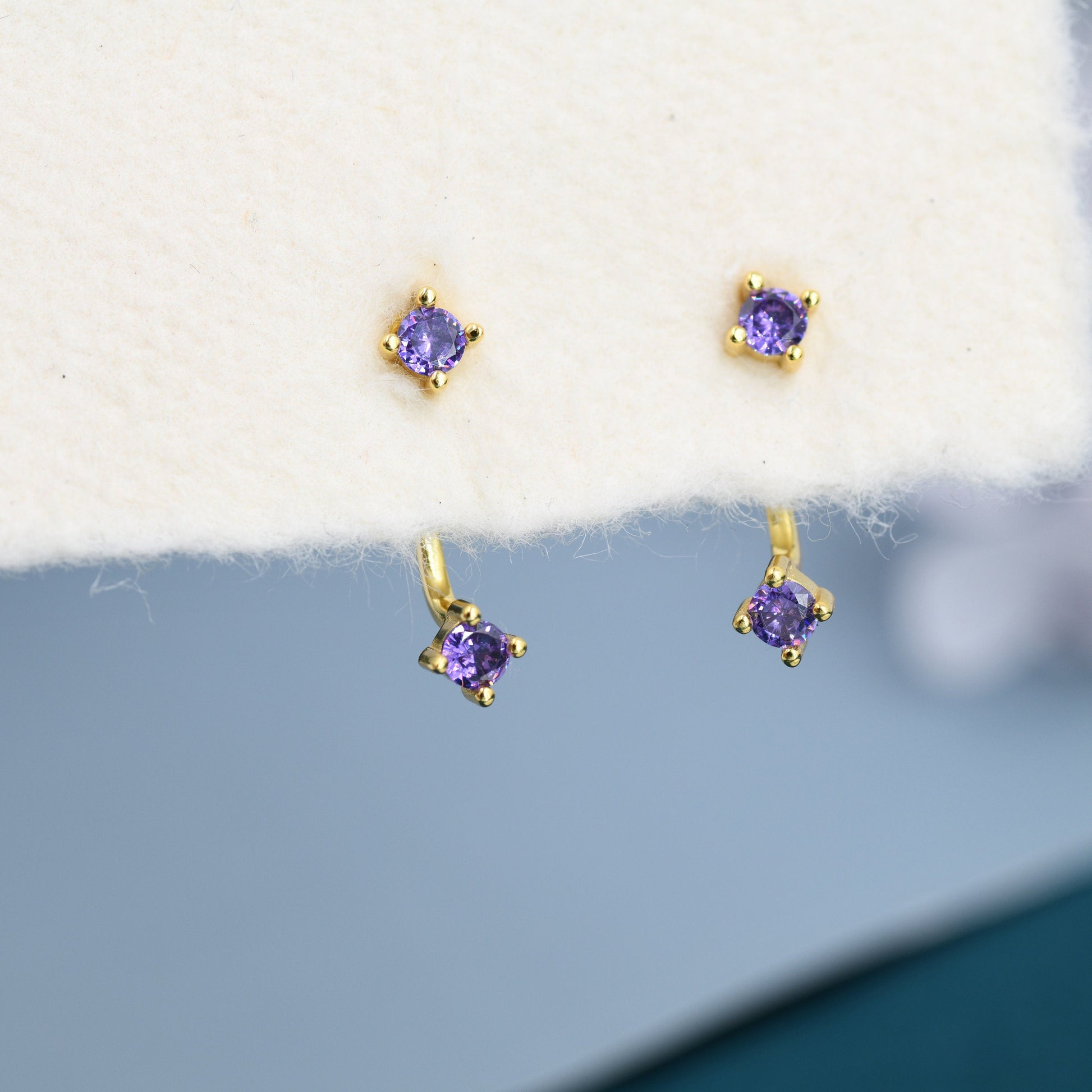 Double Amethyst Purple CZ Ear Jacket in Sterling Silver,  Silver or Gold, Front and Back Earrings, Two Part Earrings