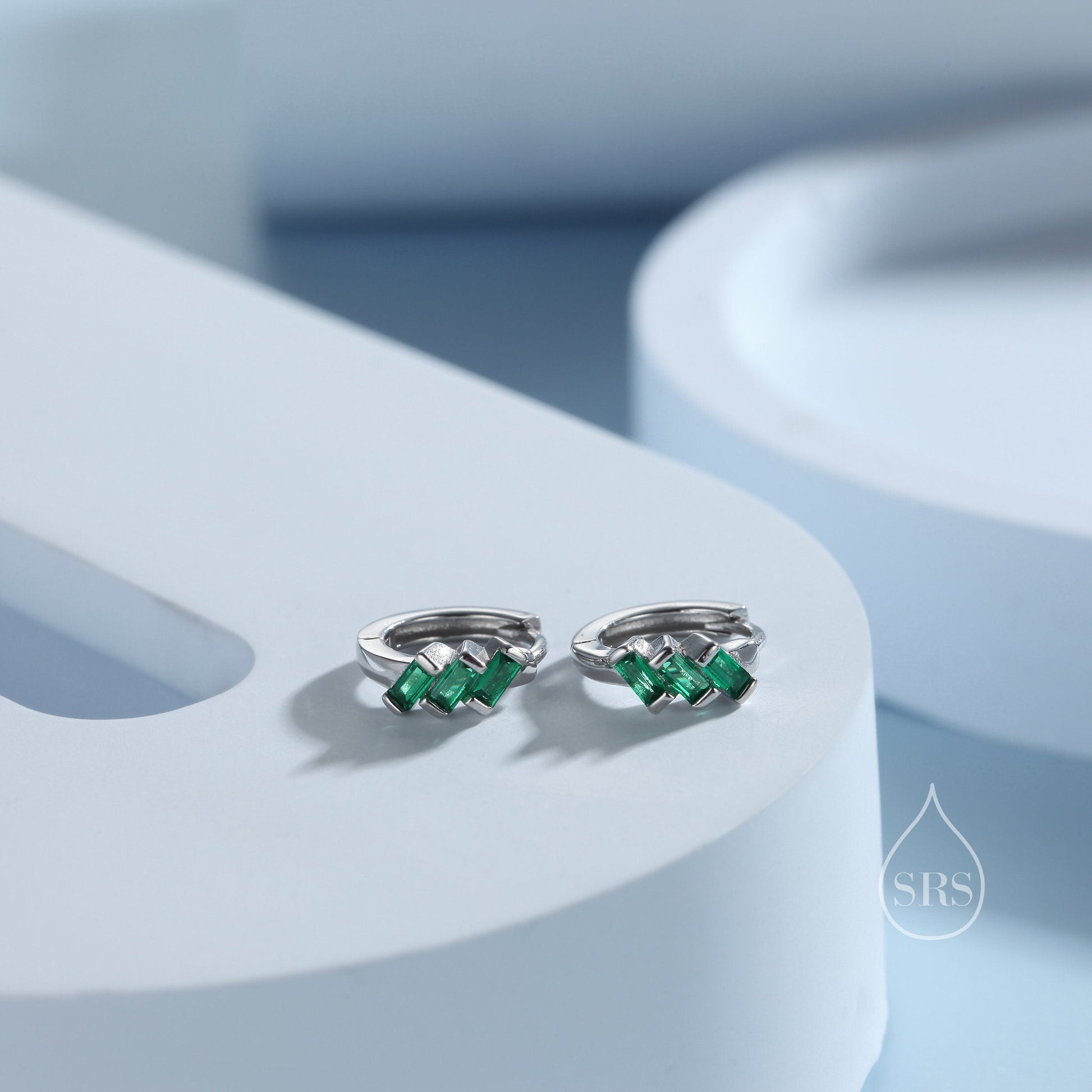 Emerald Green Baguette CZ Cluster Huggie Hoop in Sterling Silver, Silver or Gold, Geometric Hoop Earrings