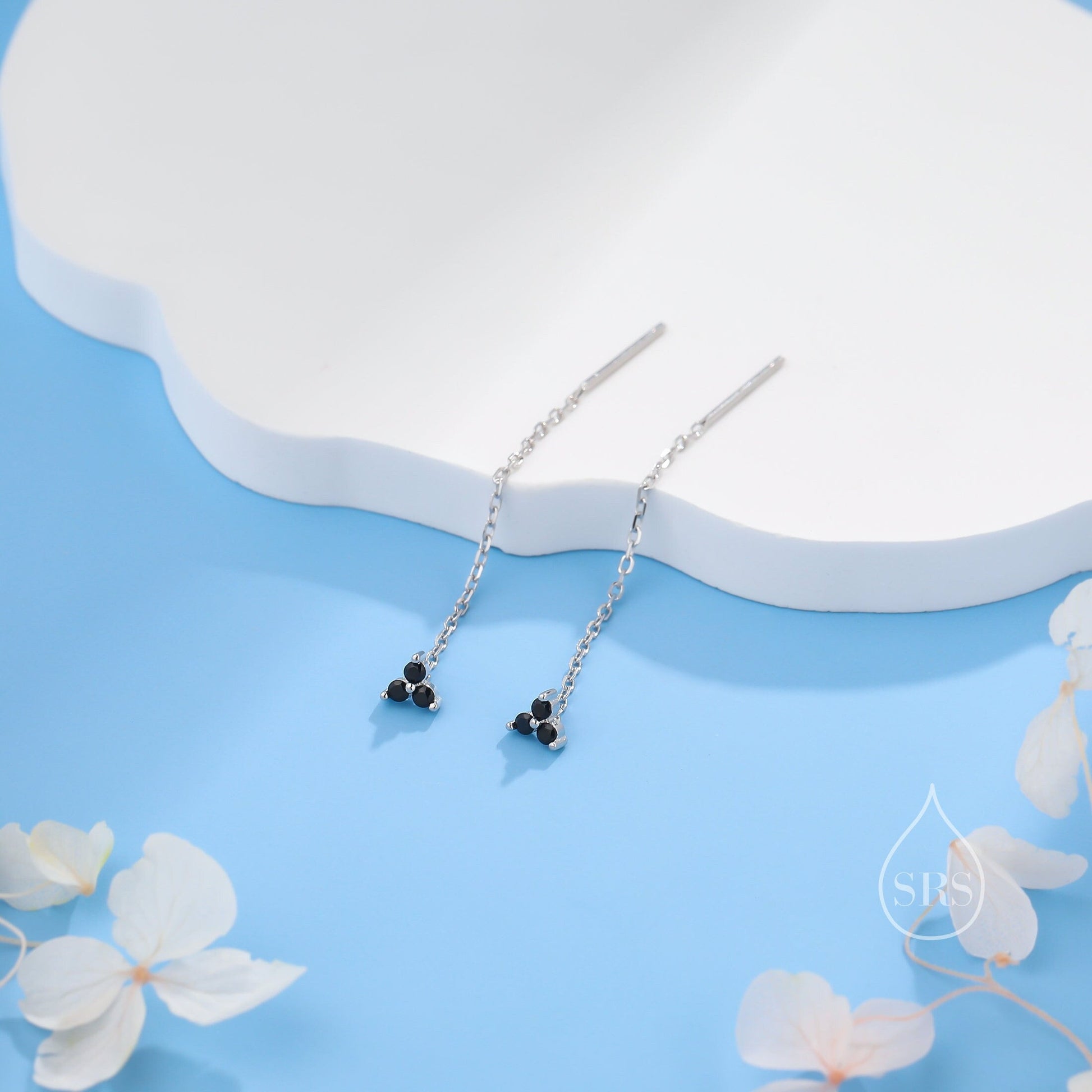Black CZ Trio Flower Threader Earrings in Sterling Silver, Silver or Gold, Three Dot Crystal Ear Threaders, Flower CZ Earrings
