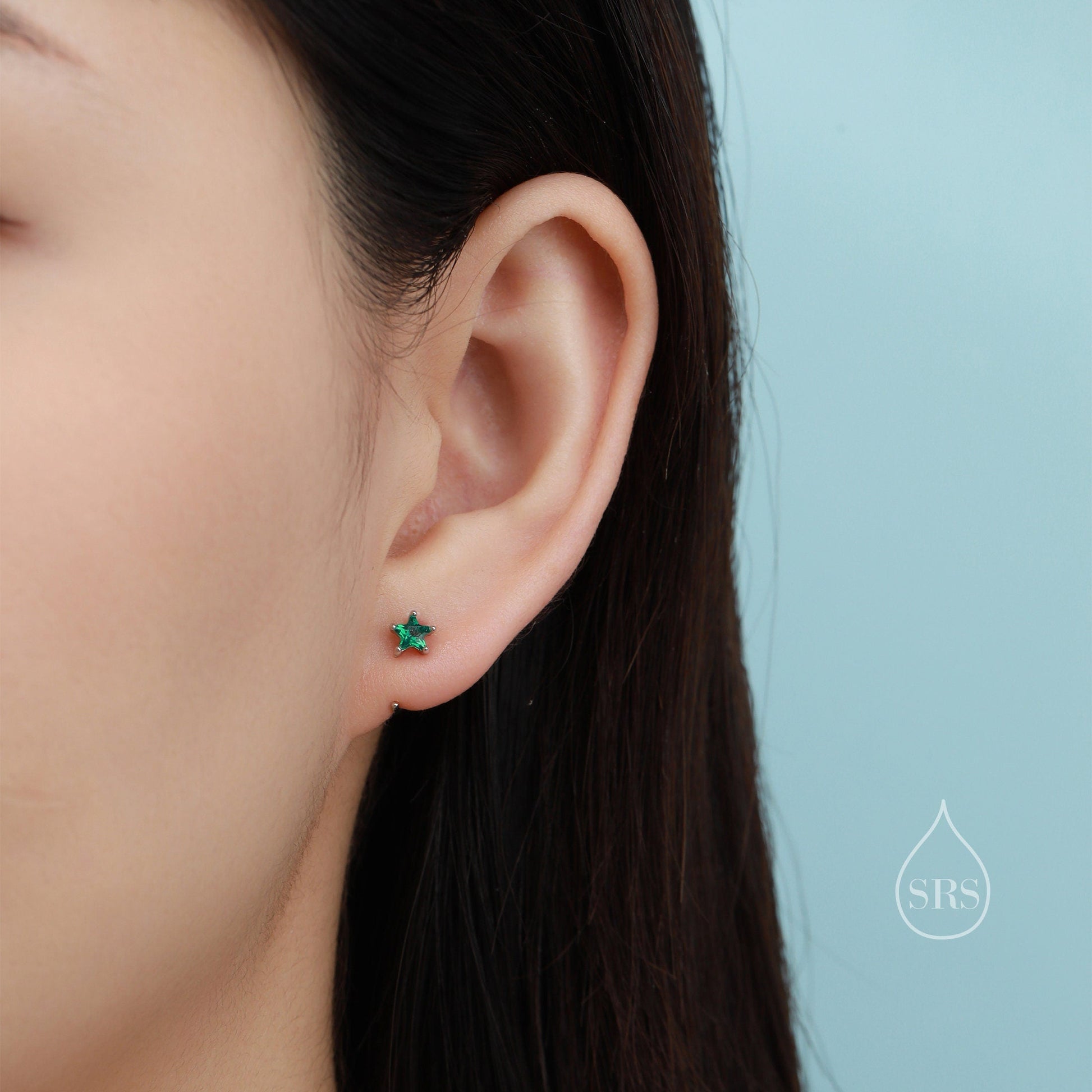 Aurora Borealis AB CZ Star Huggie Hoop Earrings in Sterling Silver, Tiny Moonstone Star CZ Open Hoops, Pull Through Threaders, Half Hoops