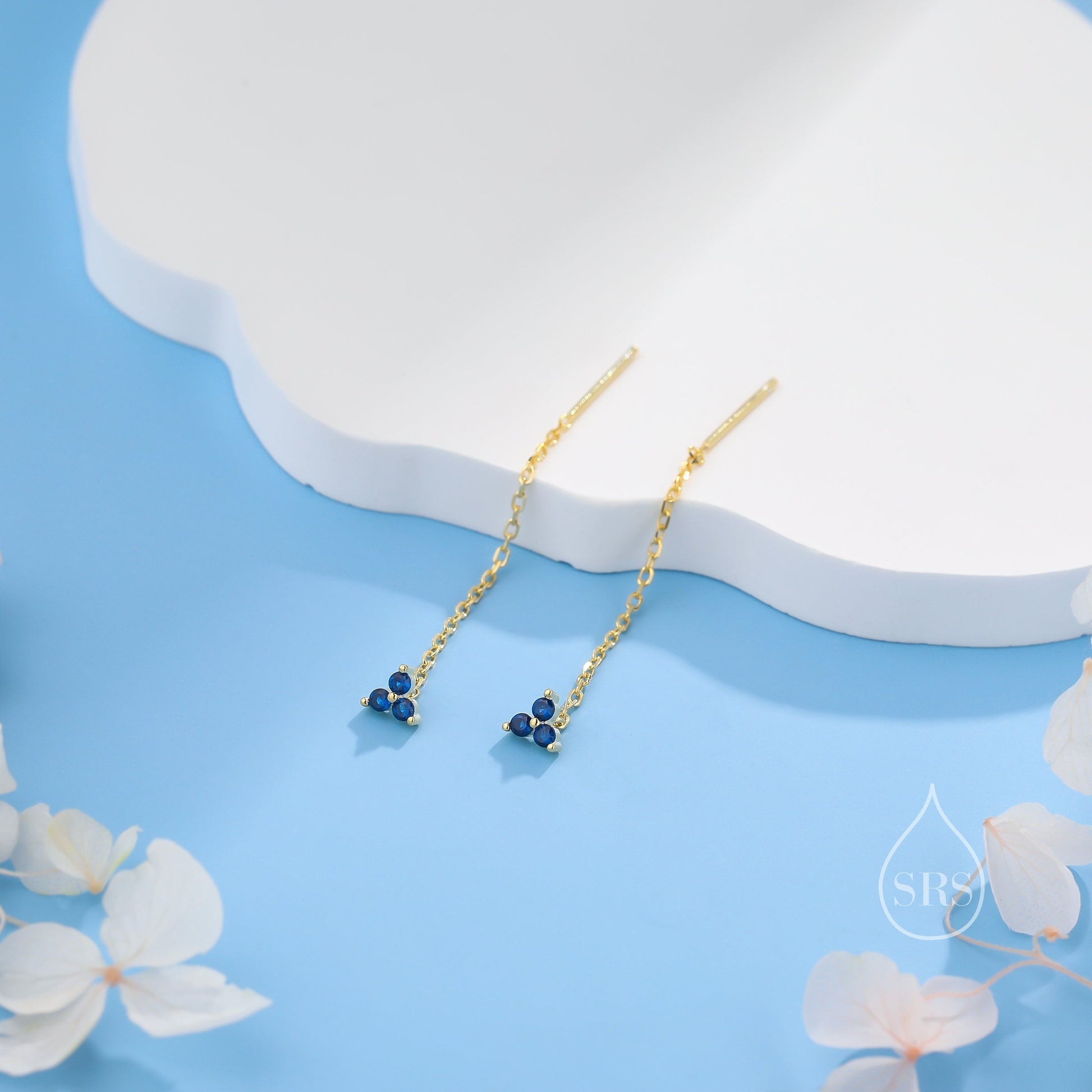 Sapphire Blue Trio Flower CZ Threader Earrings in Sterling Silver, Silver or Gold, Three Dot Crystal Ear Threaders, Flower CZ Earrings
