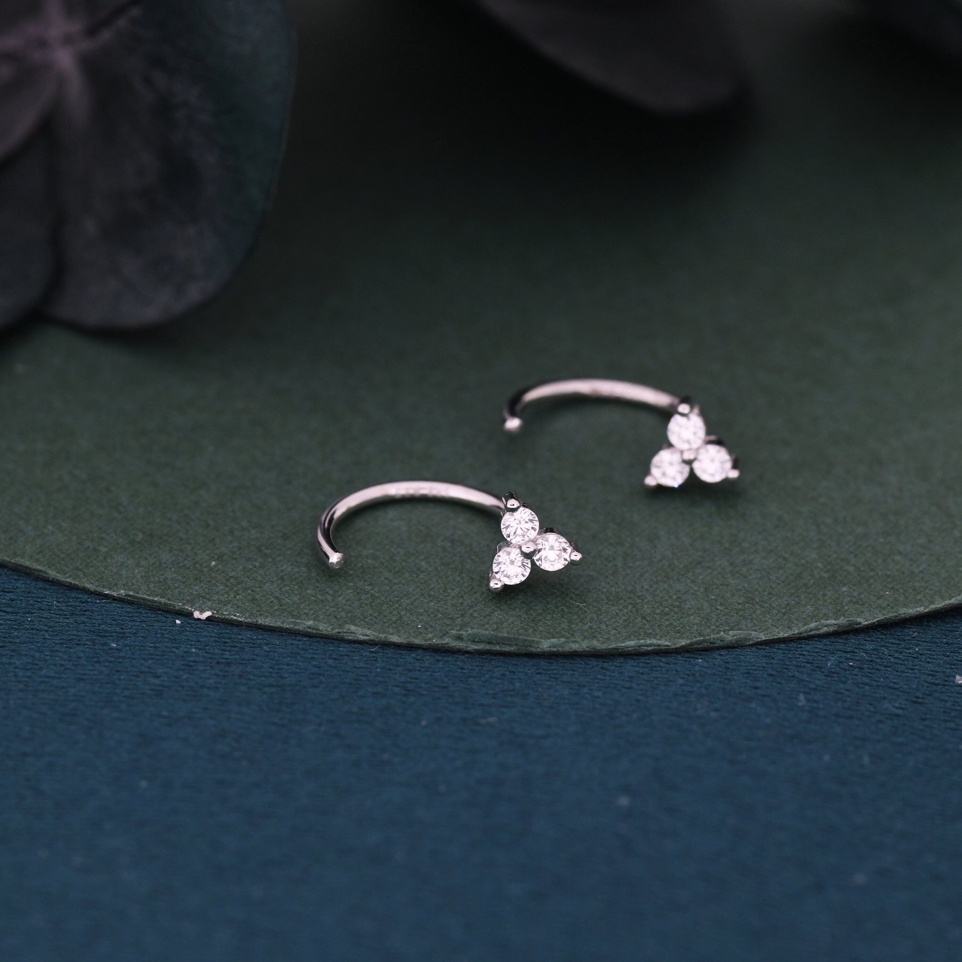 Three CZ Trinity Threader Hoop Earrings in Sterling Silver, Three Dot Open Hoop Earrings, Huggie Hoop,  Silver or Gold, Pull Through