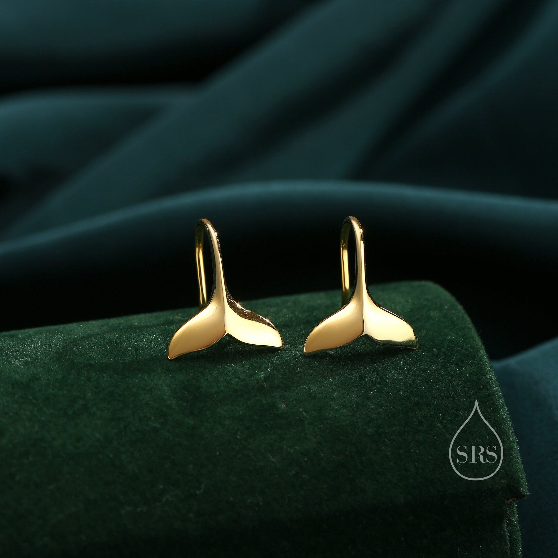 Whale Tail Drop Hook Earrings in Sterling Silver, Silver or Gold or Rose Gold, Fish Tail Earrings, Fish Earrings, Silver Fish Earring